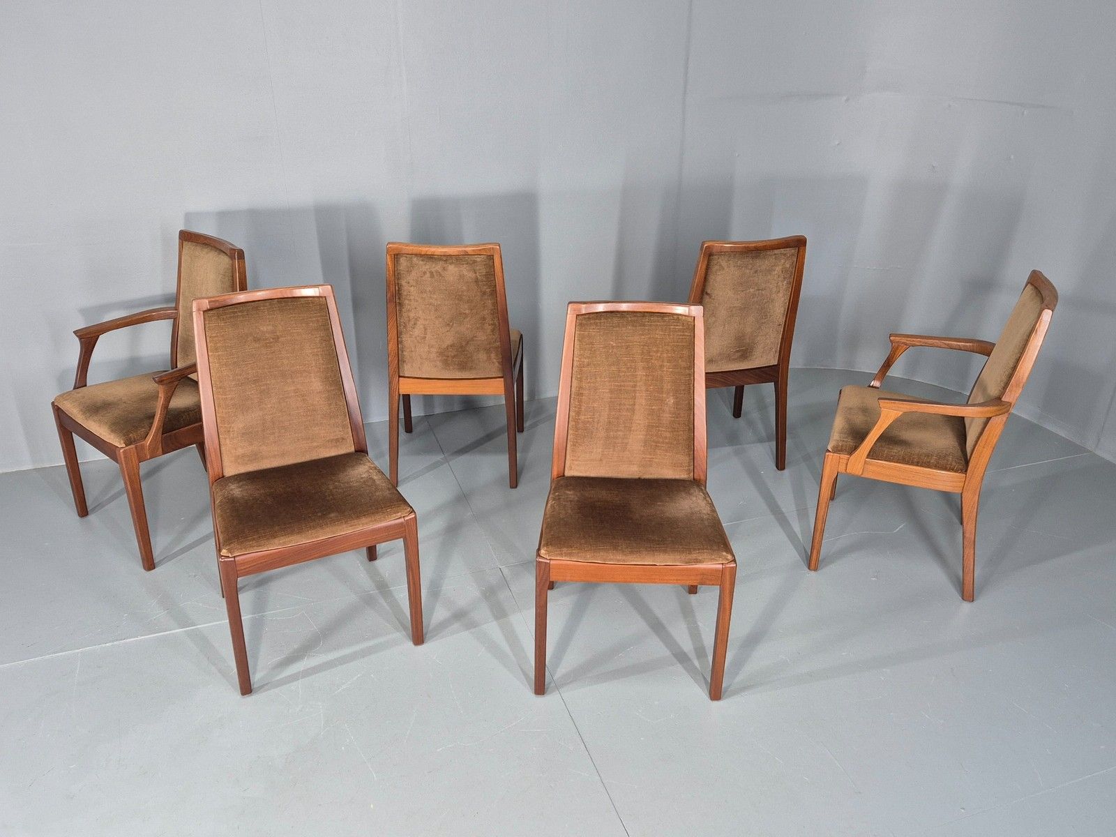 photo for sale 6 Vintage 1970s Nathan Dining Chairs Brown Velour Teak Retro Mcm Eb11921