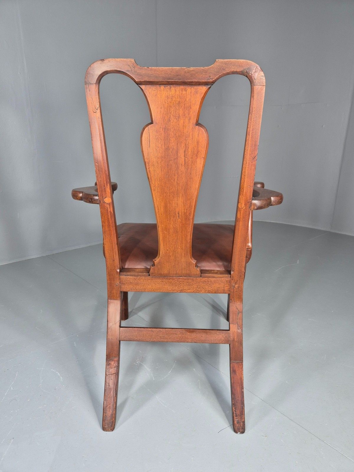 Furniture Antique Georgian Elbow Chair Mahogany Frame Leather Seat Splat Back Eb11933 photo
