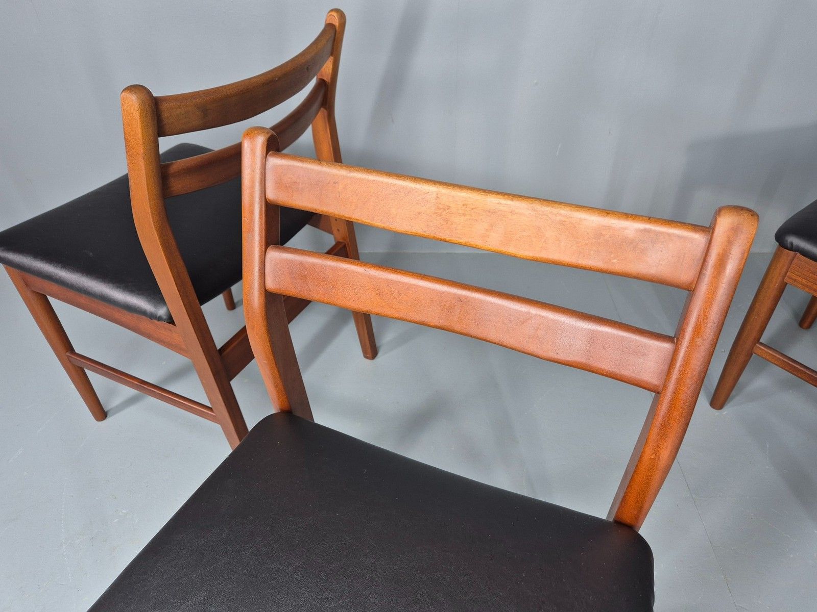 photo buy 4 Vintage Jentique Dining Chairs Teak Frames Black Vinyl 60s Retro Mcm Eb1195