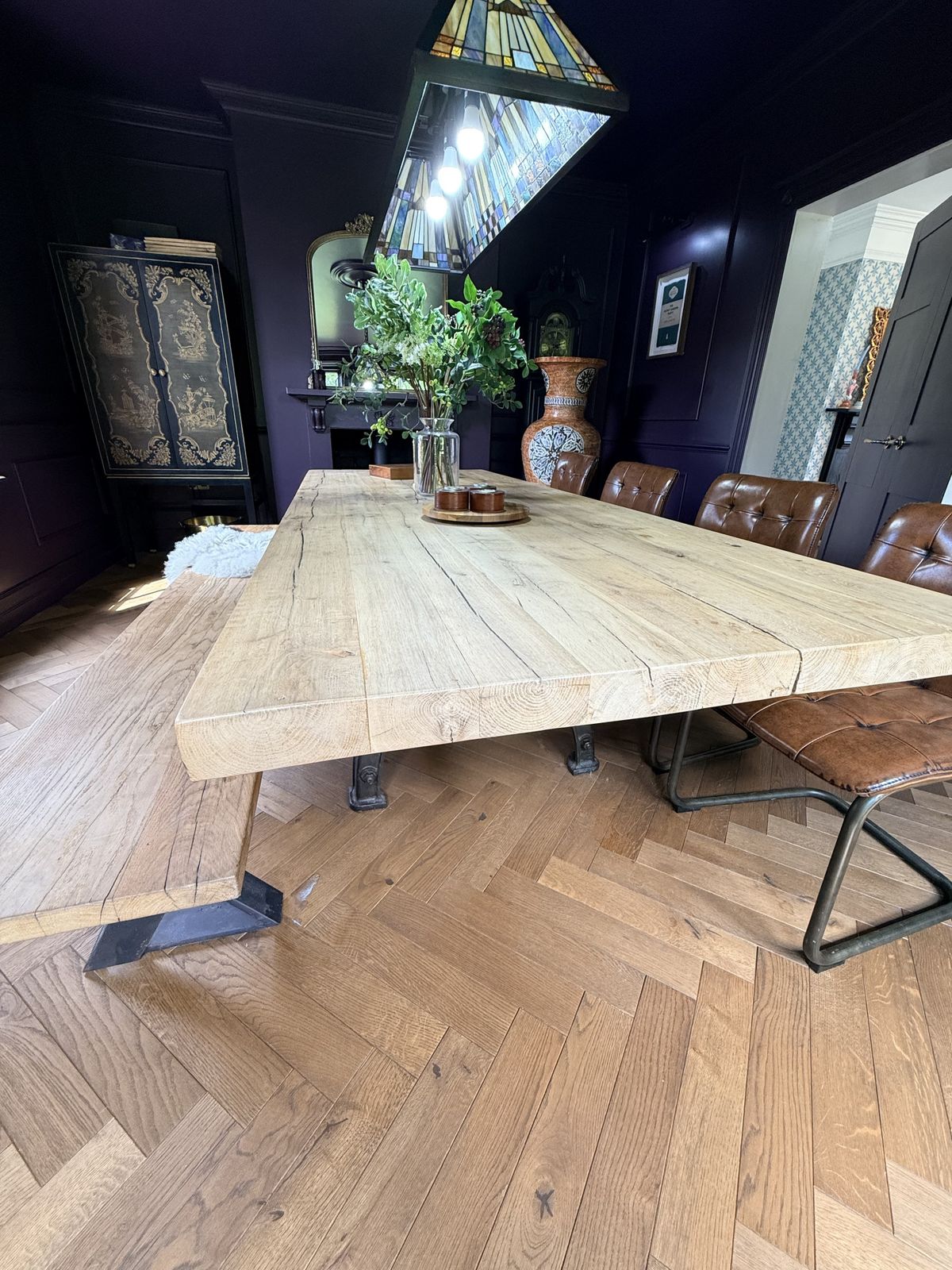 Bespoke Industrial Oak Dining Table Set With Original Henry Bamford & Sons Cast Iron Base, photo Furniture