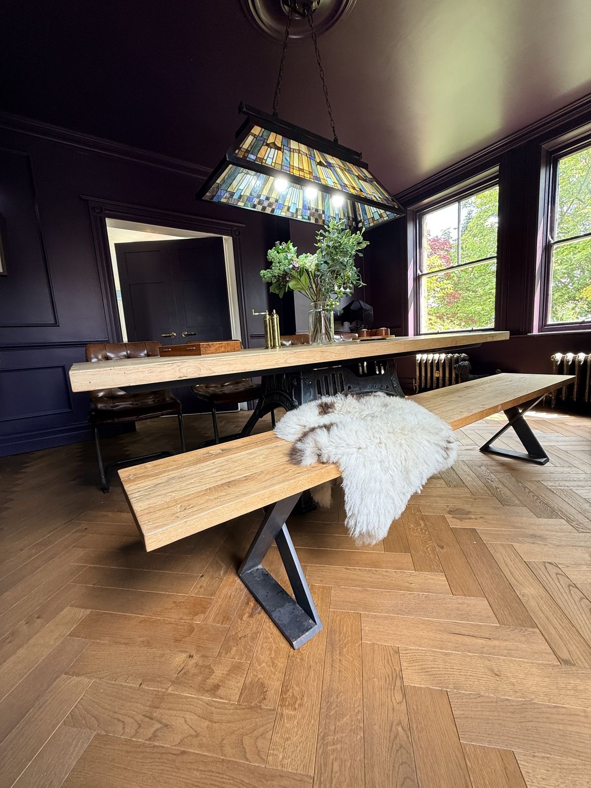 Bespoke Industrial Oak Dining Table Set With Original Henry Bamford & Sons Cast Iron Base, photo vinterior
