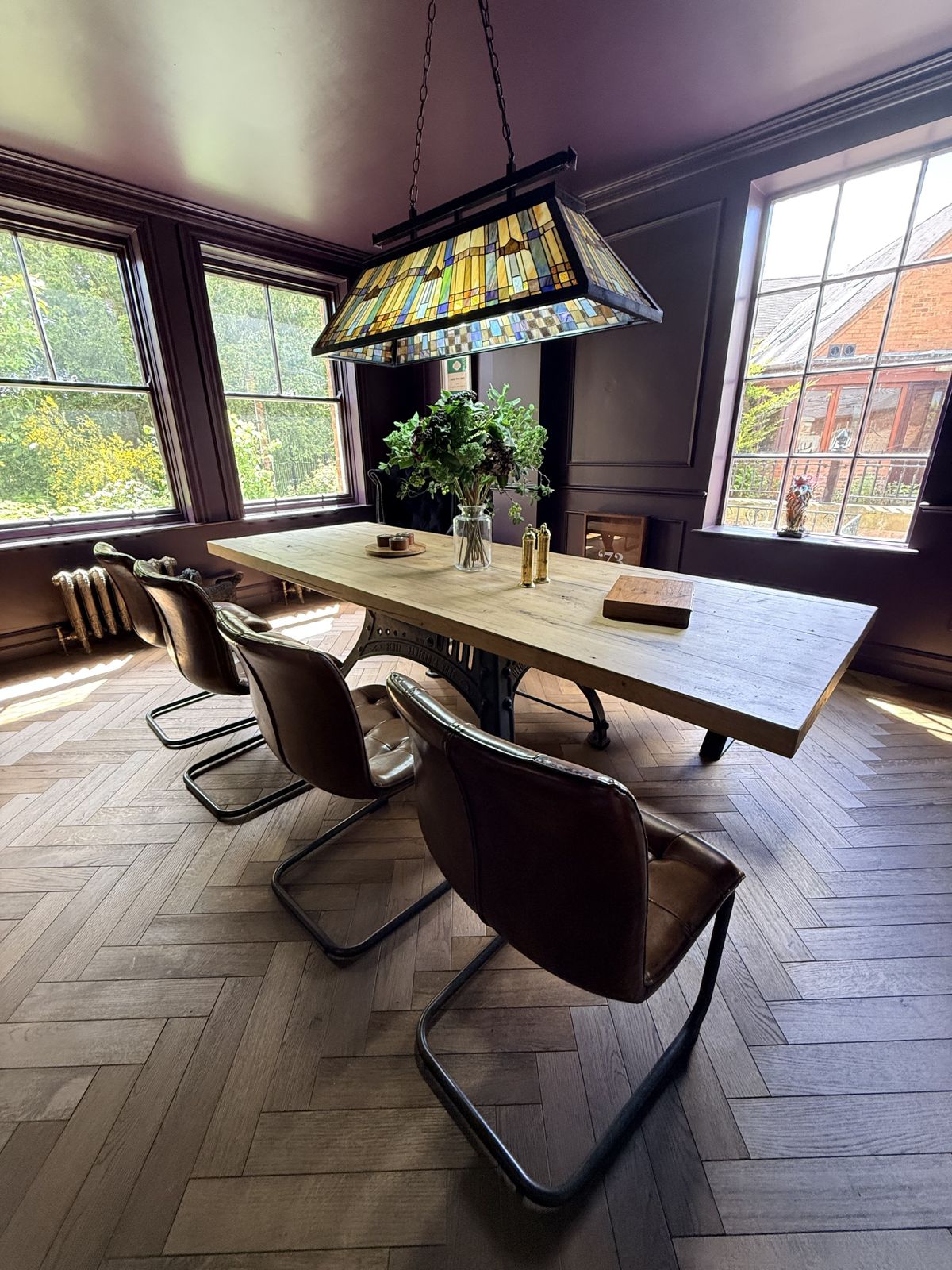 Bespoke Industrial Oak Dining Table Set With Original Henry Bamford & Sons Cast Iron Base, photo vintage