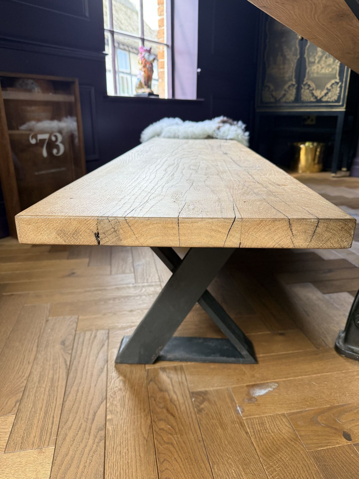 photo vinterior Bespoke Industrial Oak Dining Table Set With Original Henry Bamford & Sons Cast Iron Base,