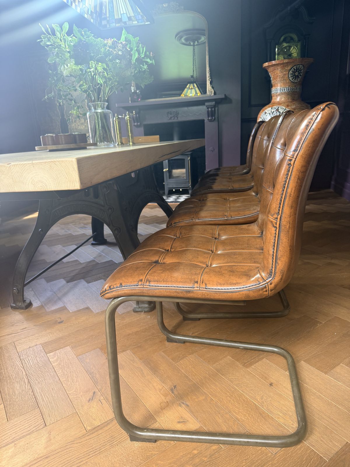 photo buy Bespoke Industrial Oak Dining Table Set With Original Henry Bamford & Sons Cast Iron Base,