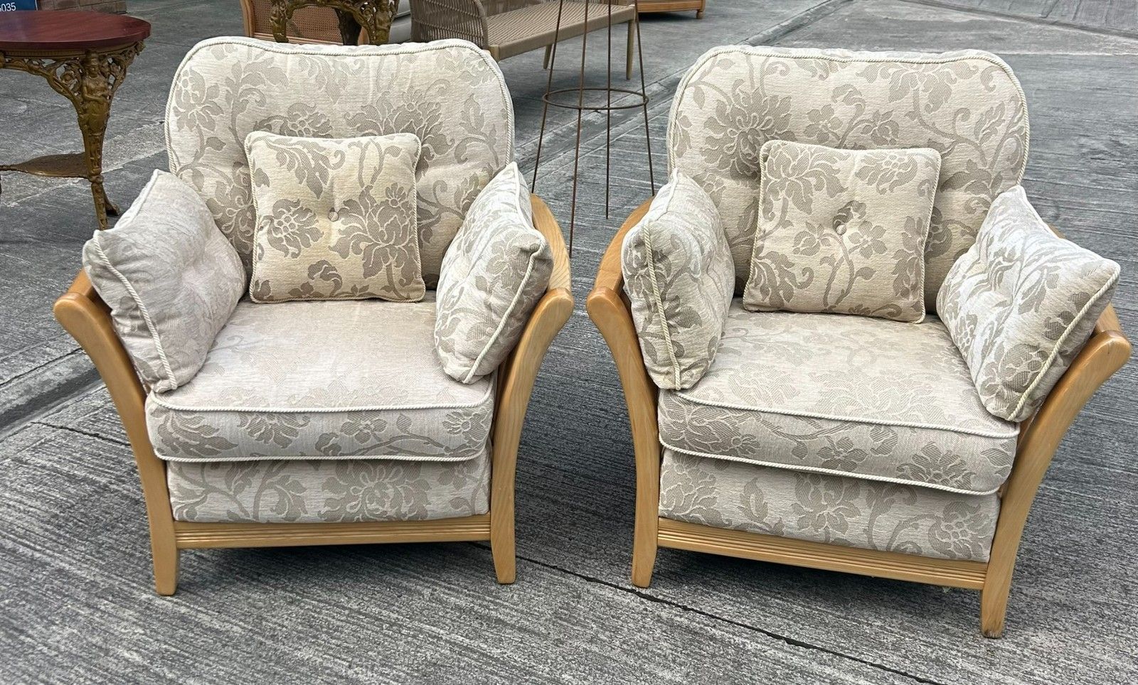 Ercol Blonde Light Ash Palma Pair Of Armchairs Lounge Chairs Pavina Beige Fabric