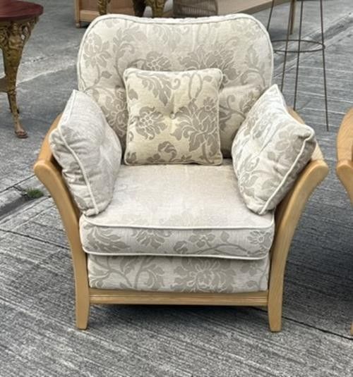 Ercol Blonde Light Ash Palma Pair Of Armchairs Lounge Chairs Pavina Beige Fabric photo for sale