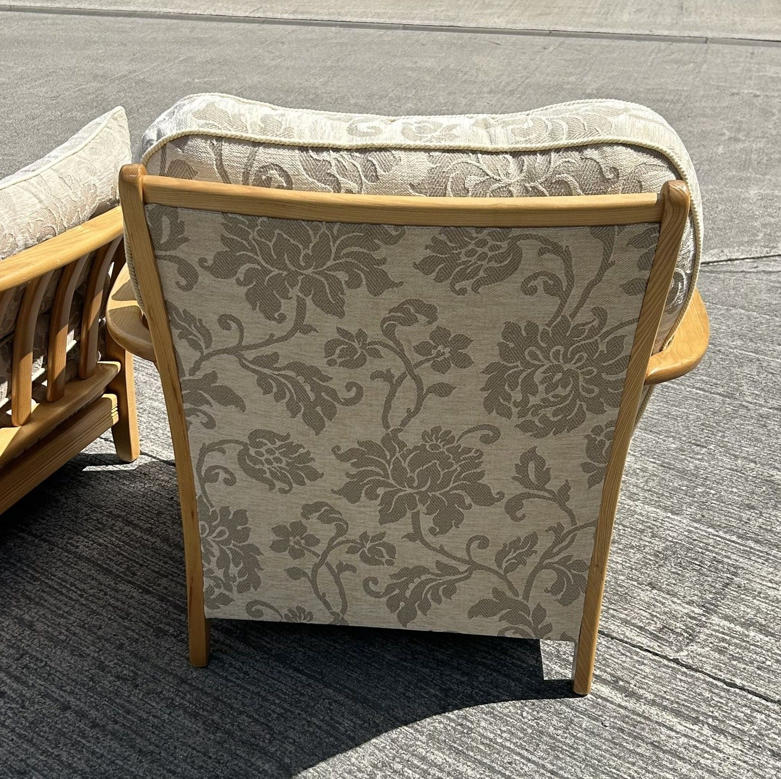 photo for sale Ercol Blonde Light Ash Palma Pair Of Armchairs Lounge Chairs Pavina Beige Fabric