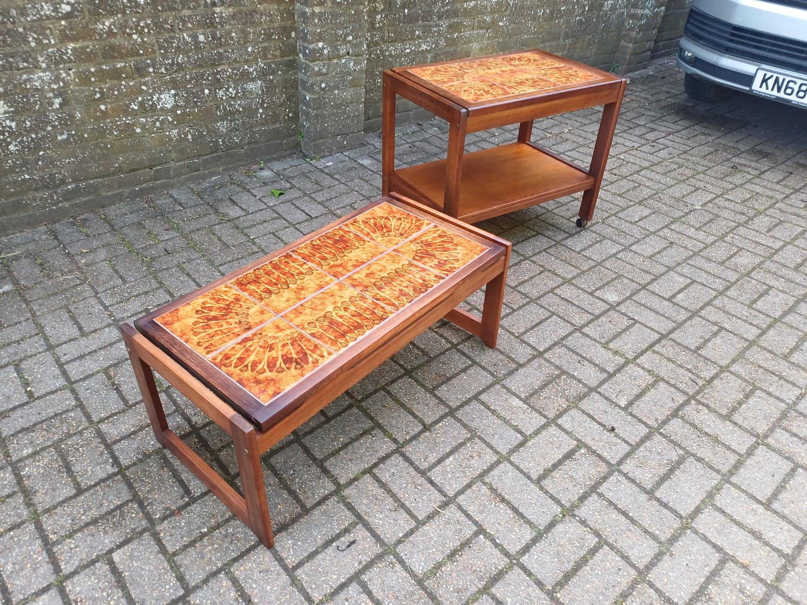 1970s Brutalist Teak Flame Tile Top Coffee Table And Drinks Trolley Danish Modern Retro Mid Century Furniture Set Free Hand Delivery photo 795.0