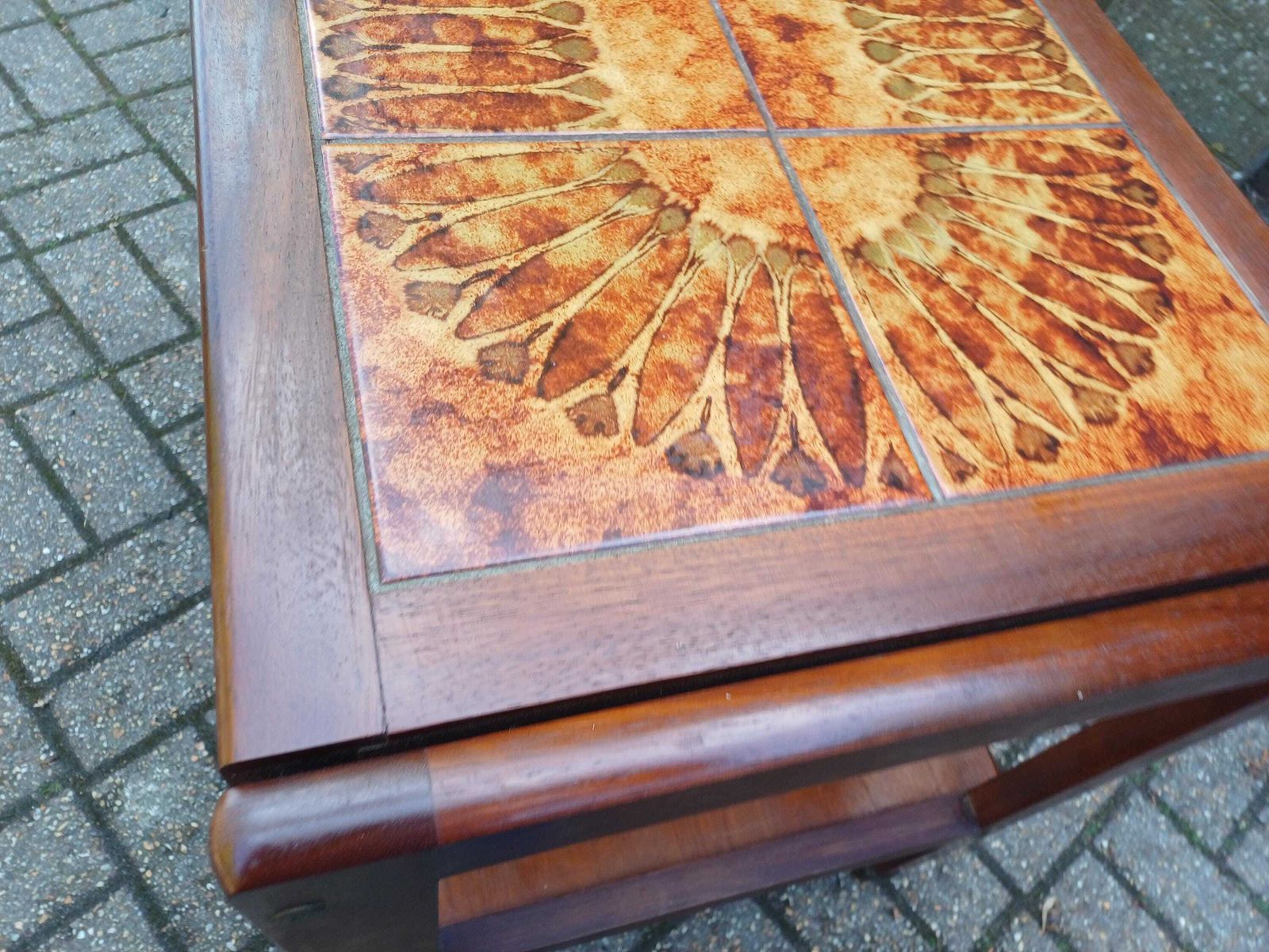 photo for sale 1970s Brutalist Teak Flame Tile Top Coffee Table And Drinks Trolley Danish Modern Retro Mid Century Furniture Set Free Hand Delivery
