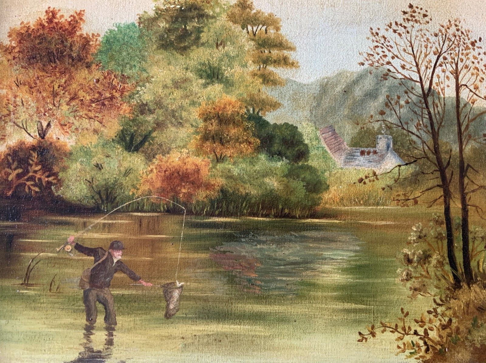 Edwardian Antique Trout Fishing Landscape Oil Painting Signed Original C.1908 photo Art
