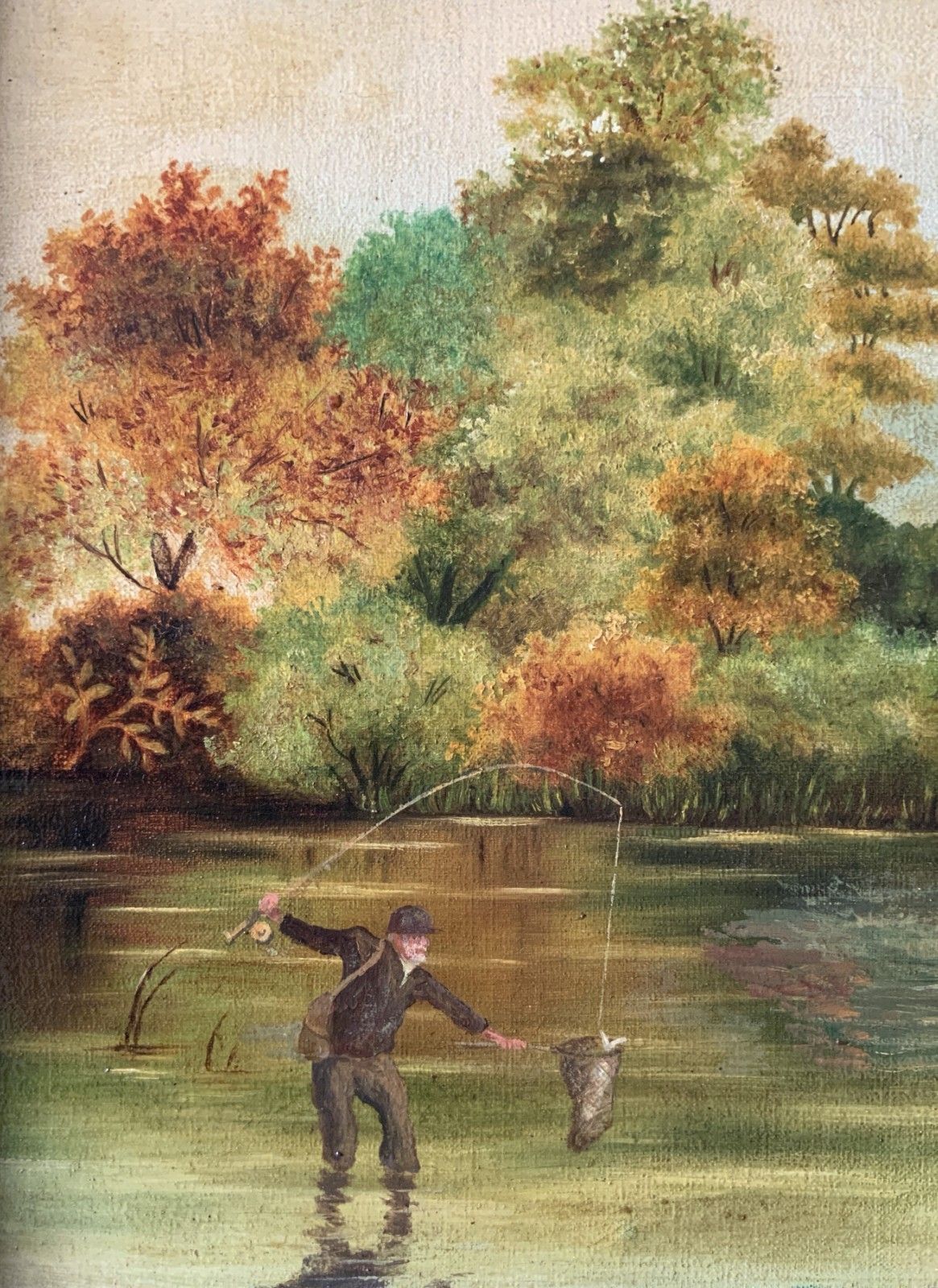 Edwardian Antique Trout Fishing Landscape Oil Painting Signed Original C.1908 photo buy