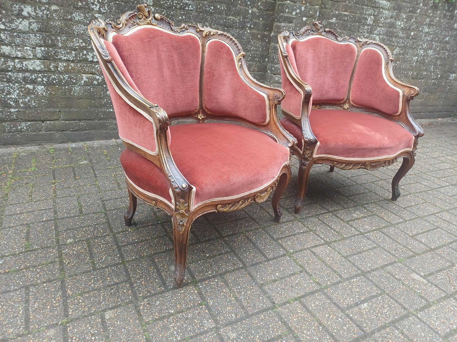 Pair Of Ornate Victorian Rococo Armchairs Mahogany French Style Gold Gilt Upholstery Free Hand Delivery photo vintage