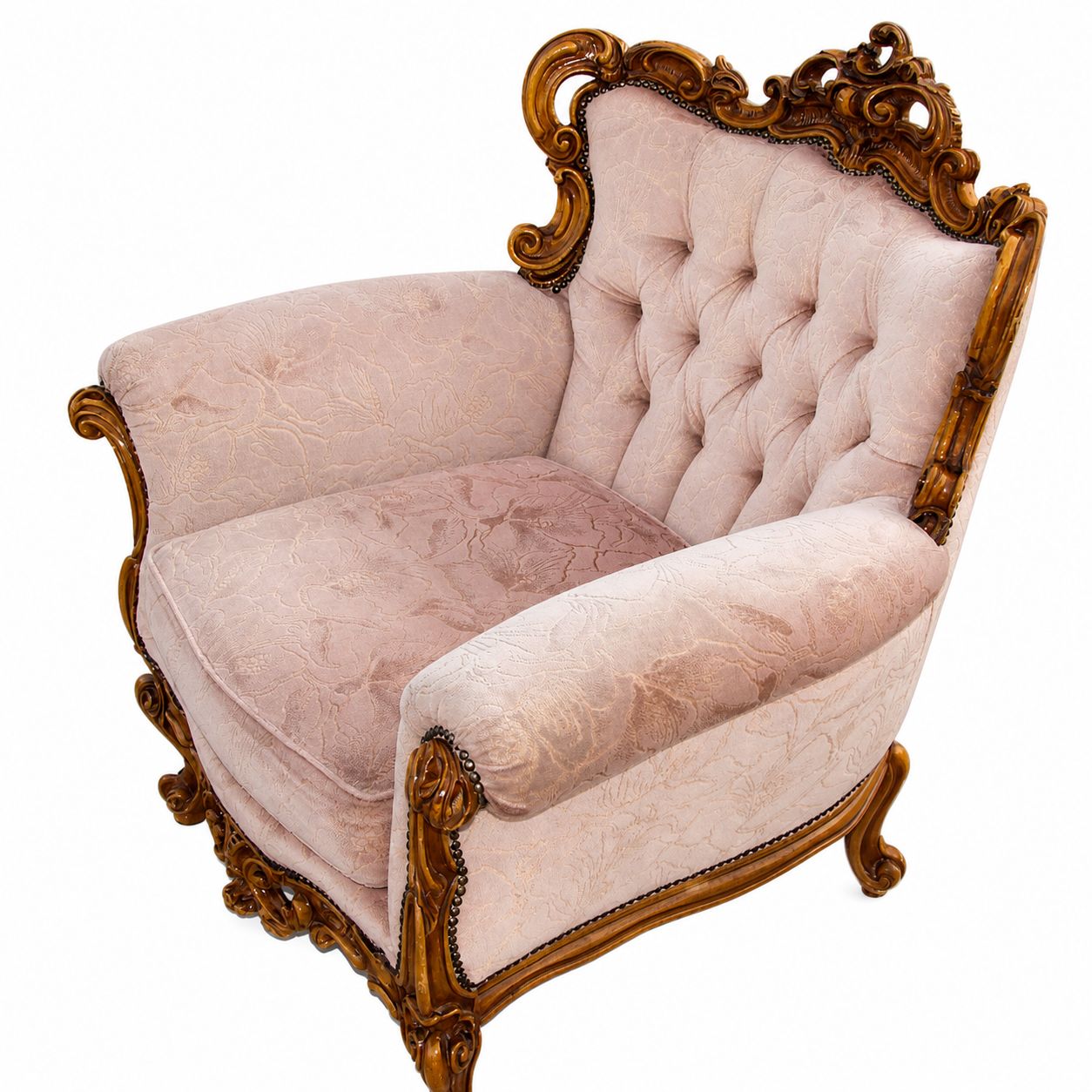 Vintage Franse Fauteuil, Jaren 1960, Gesneden Hout, Veren photo furniture