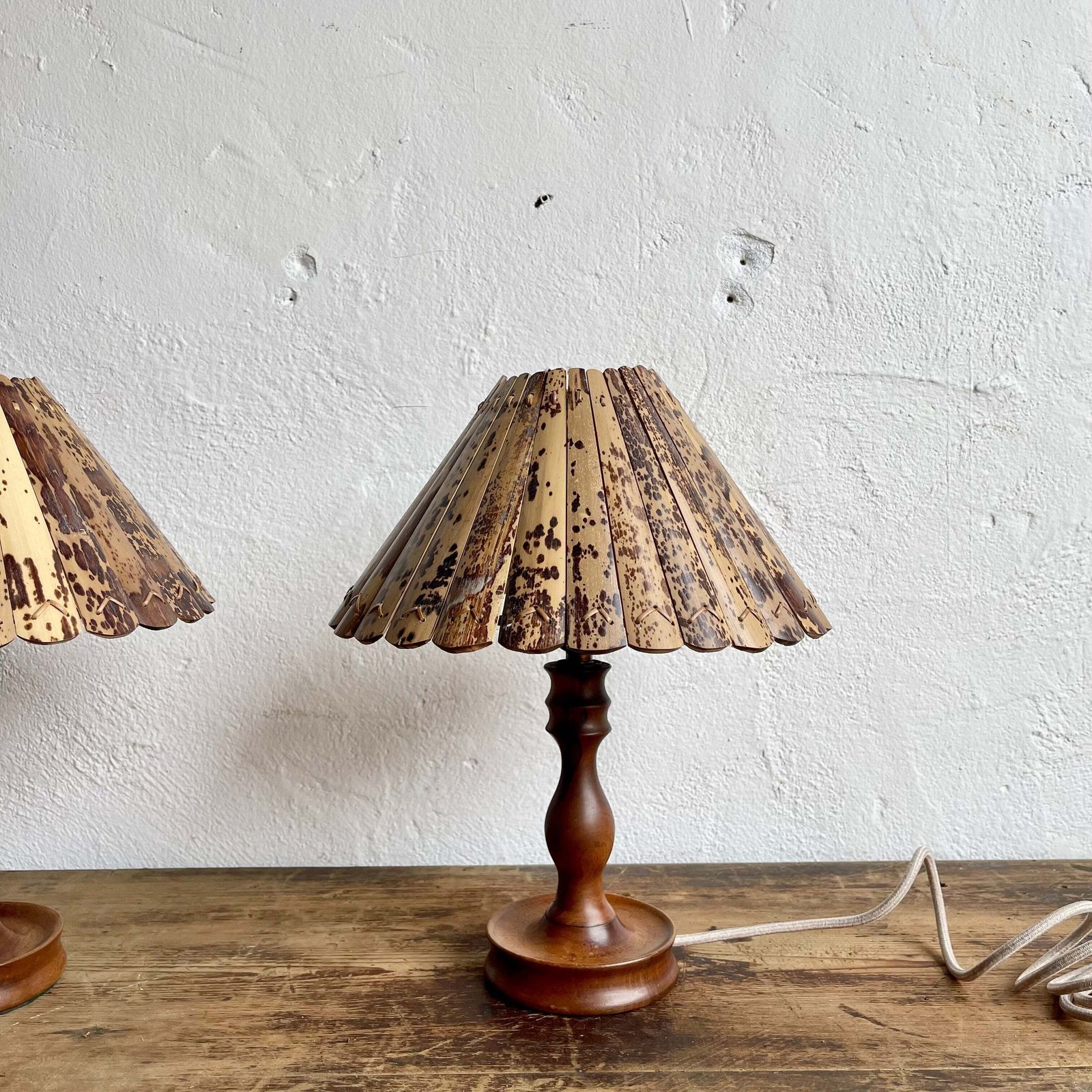 Pair Of Vintage Wooden Lamps + Bamboo Shades photo for sale