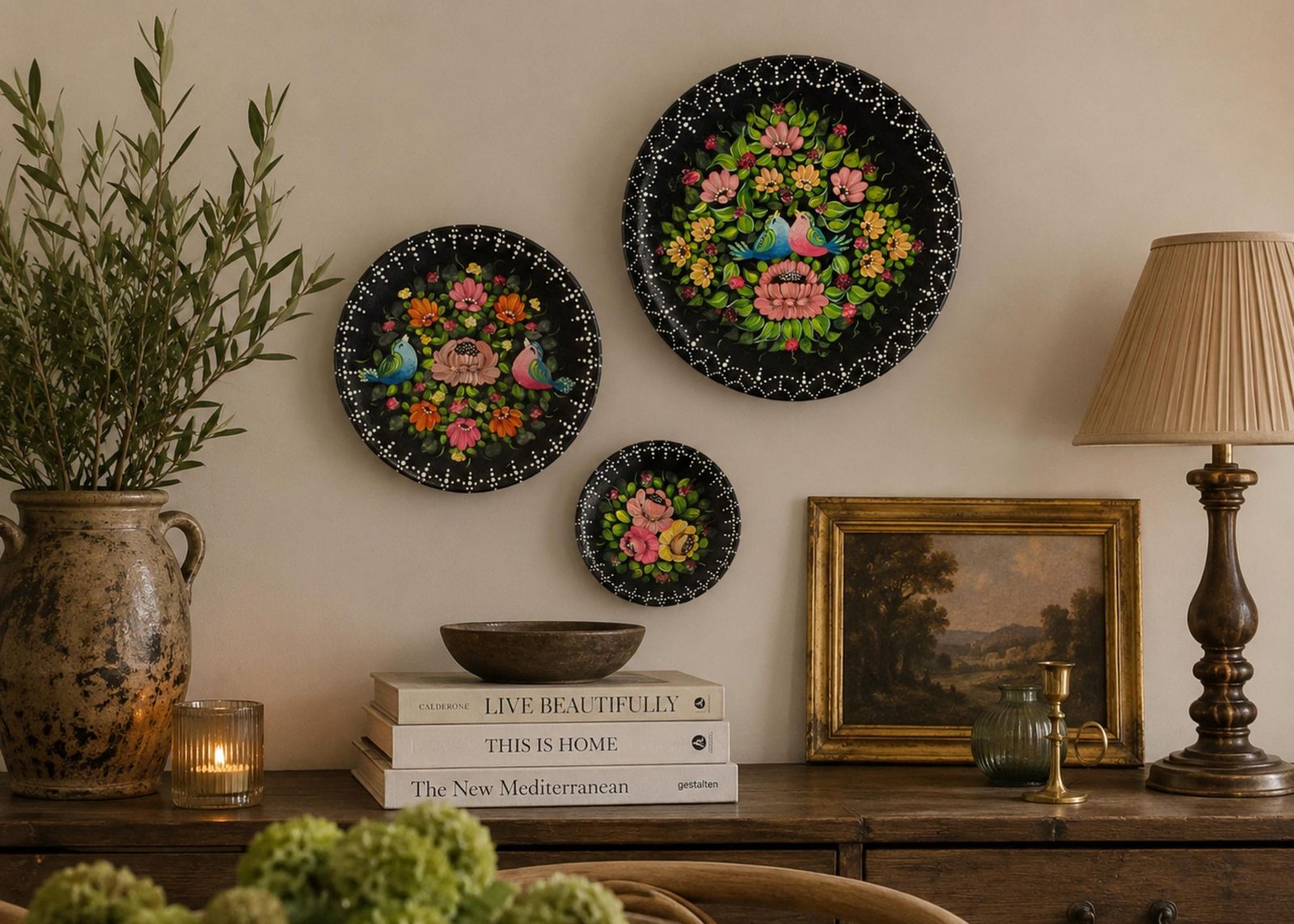Set Of 3 Hand Painted Folk Art Decorative Plates With Floral & Bird Motifs Home photo furniture