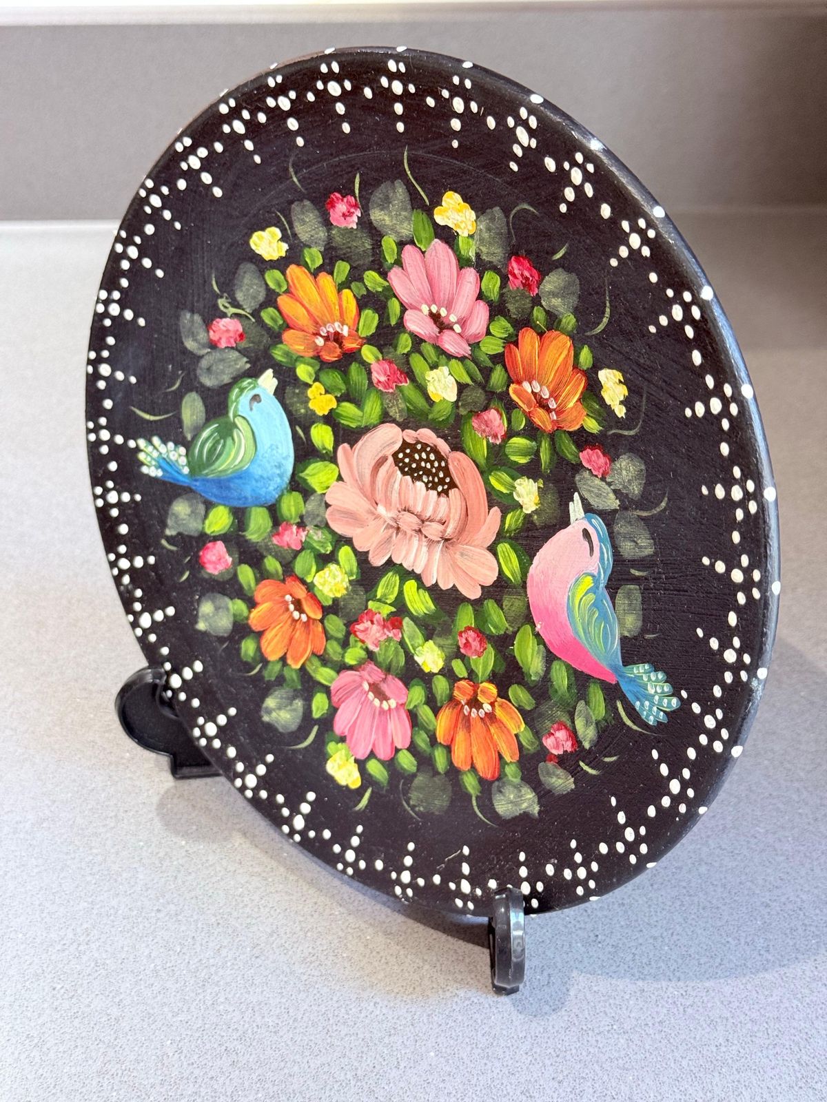 photo furniture Set Of 3 Hand Painted Folk Art Decorative Plates With Floral & Bird Motifs Home