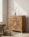Hand Carved Mango Wood Sideboard: Natural Finish With Floral Mandala Details. photo furniture