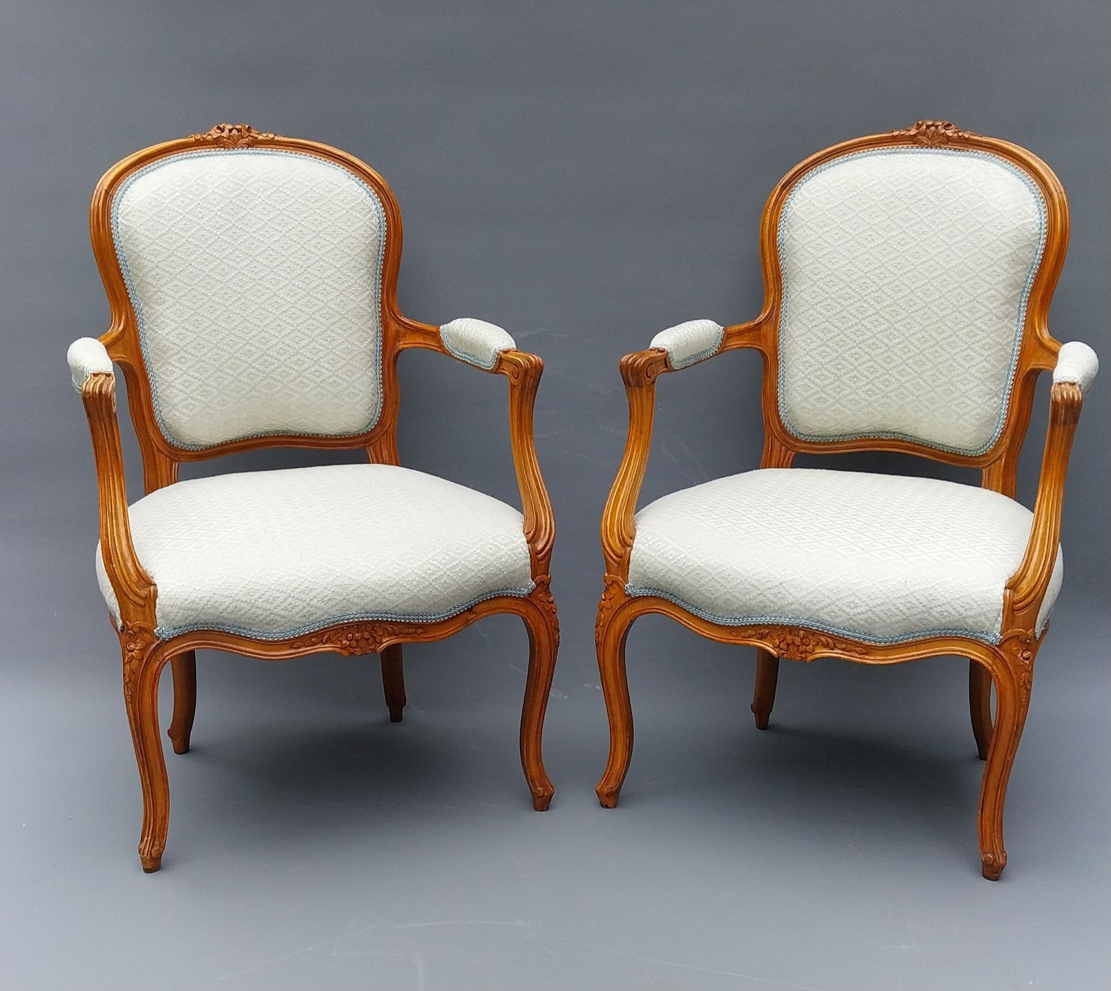 Fabulous Pair Of Antique French Walnut Armchairs Upholstered In Duck Egg Blue And Silver Diamond Fabric photo for sale