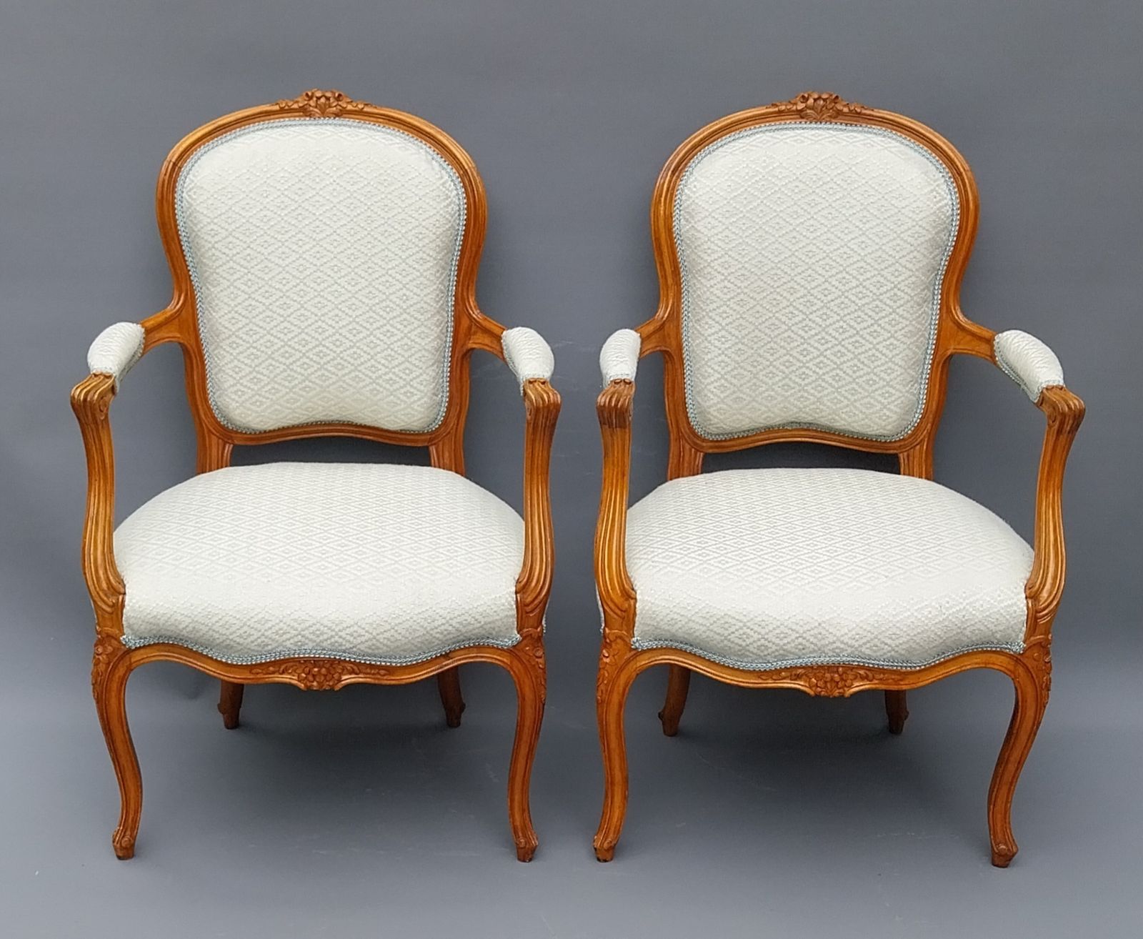 650.0 Fabulous Pair Of Antique French Walnut Armchairs Upholstered In Duck Egg Blue And Silver Diamond Fabric photo