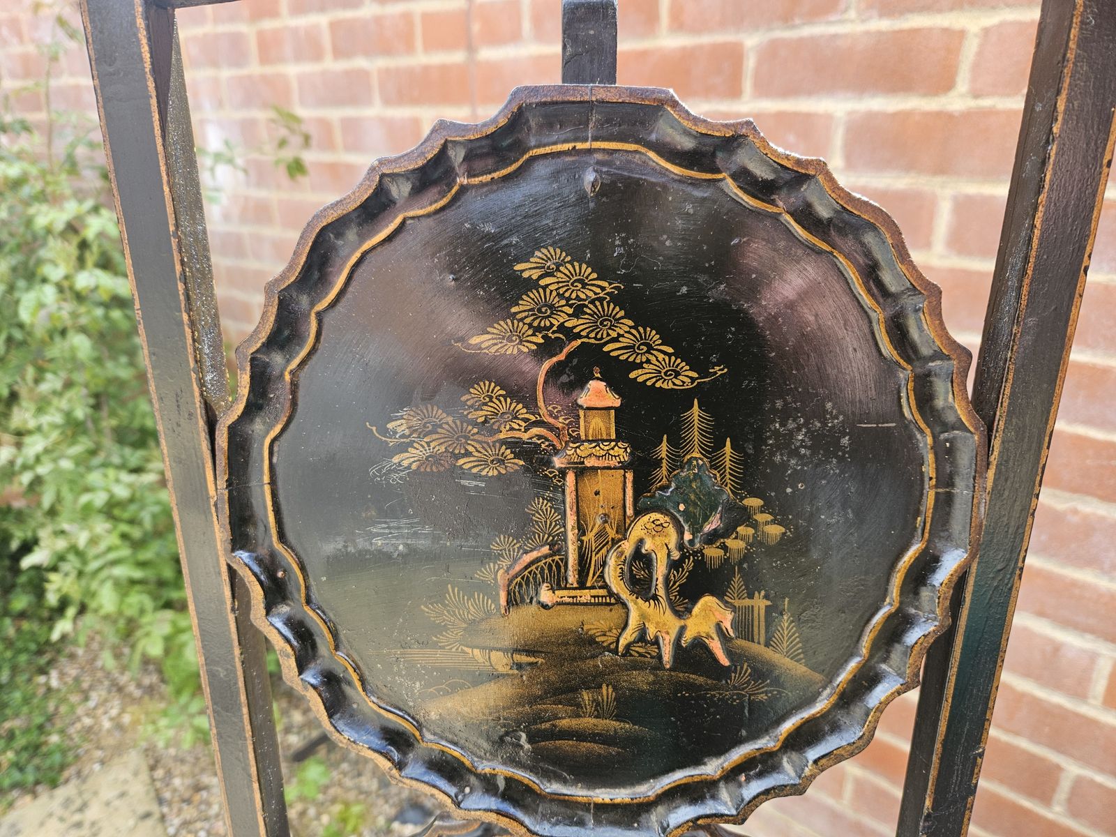 245.0 Antique 20th Century Tier Black Laquered Folding Chinoiserie Cake Stand C.1900 photo