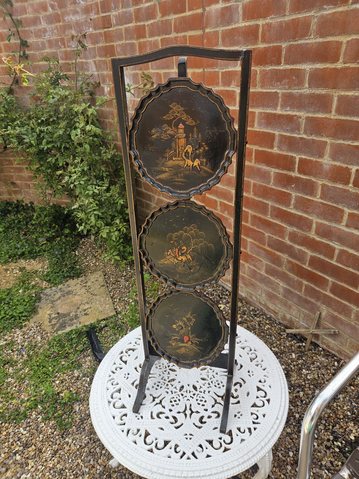 photo buy Antique 20th Century Tier Black Laquered Folding Chinoiserie Cake Stand C.1900