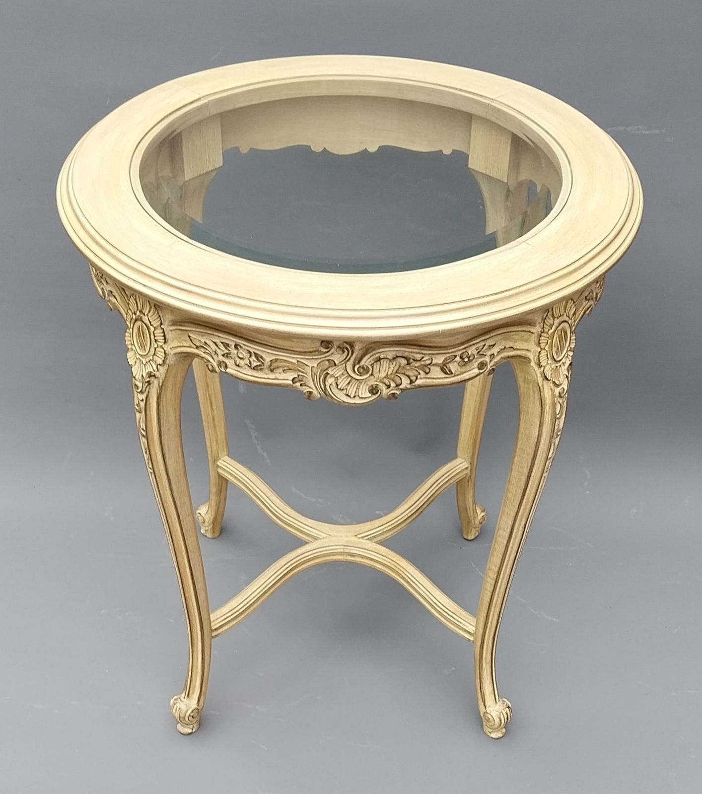 French Style Oak Glass Top Occasional Table photo for sale