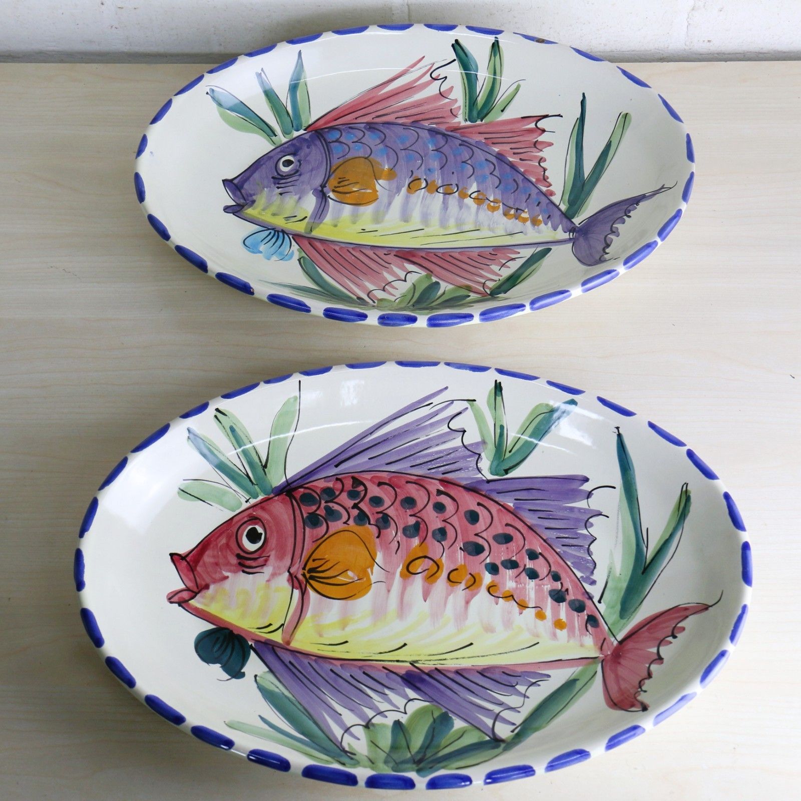 Vintage Italian 2 X Large Vietri Al Mare Pottery Hand Painted Dishes Wall Hanger photo furniture