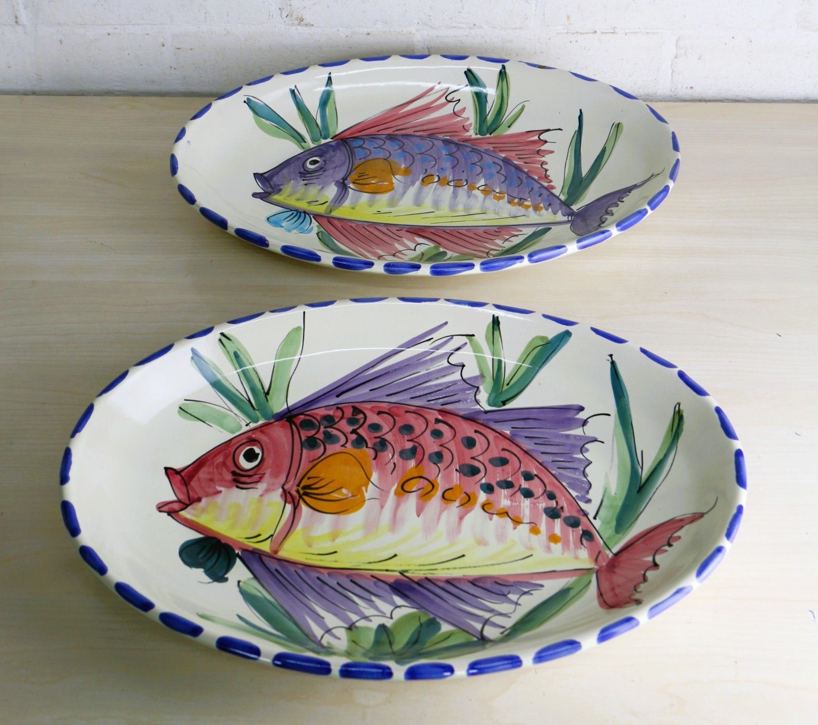 Vintage Italian 2 X Large Vietri Al Mare Pottery Hand Painted Dishes Wall Hanger photo vinterior