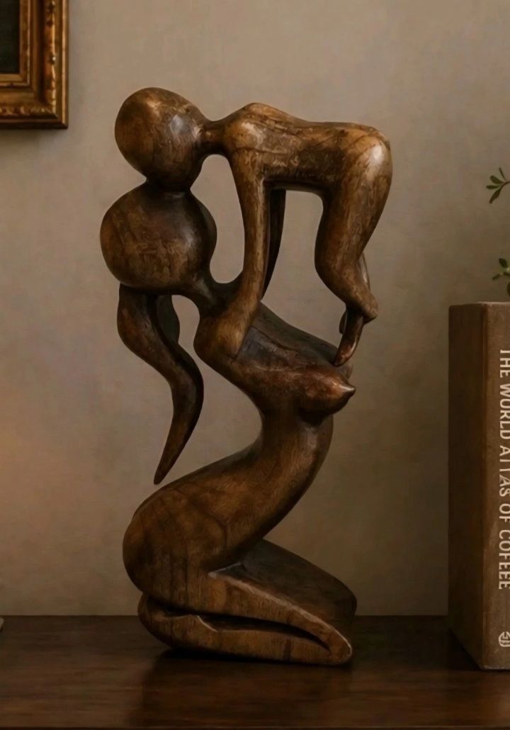 Large Abstract Wooden Sculpture Mother Child Family Art Statue 39cm Hand Carved
