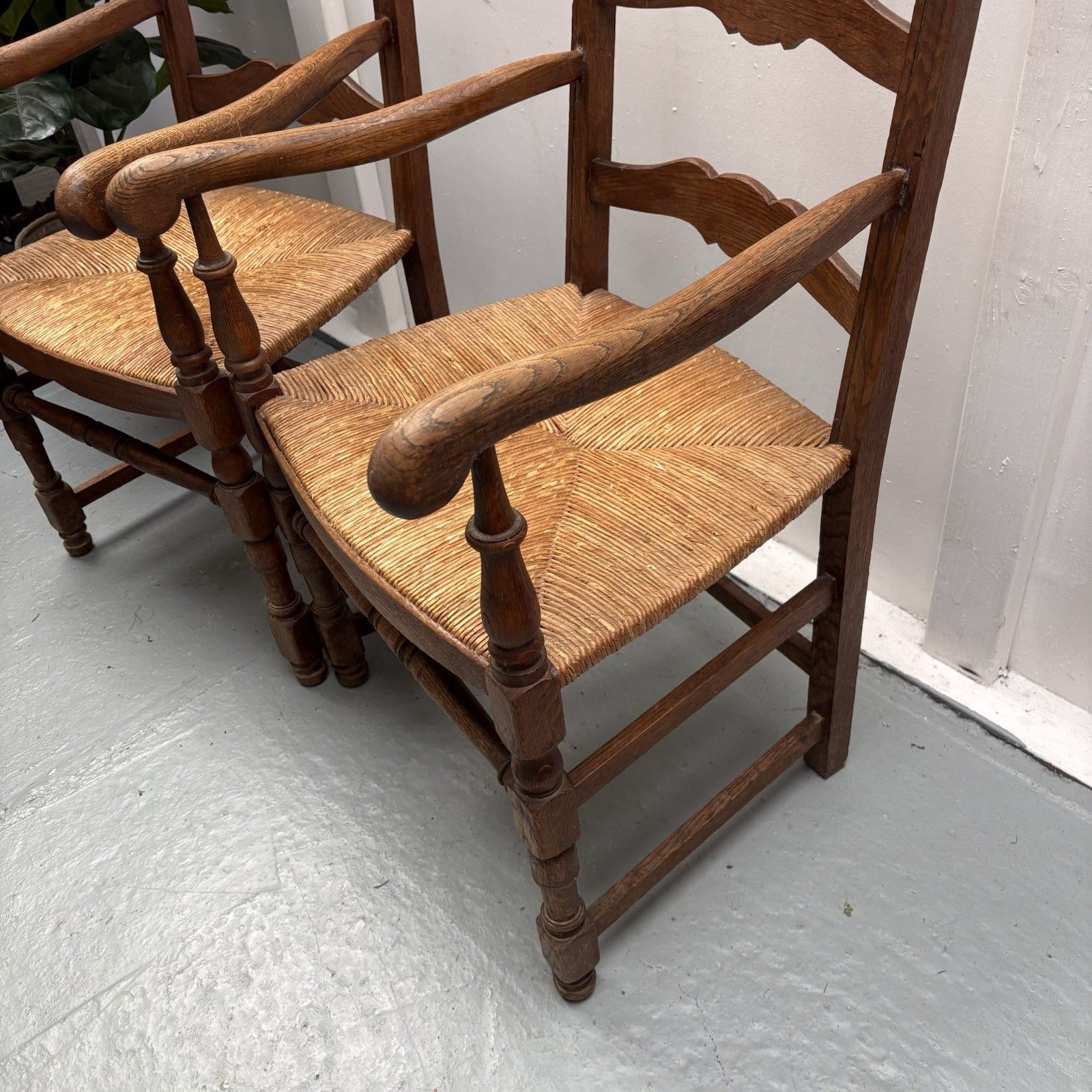 Pair Of Provincial French Country Oak Rush Seat Ladderback Carver Dining Chairs photo for sale