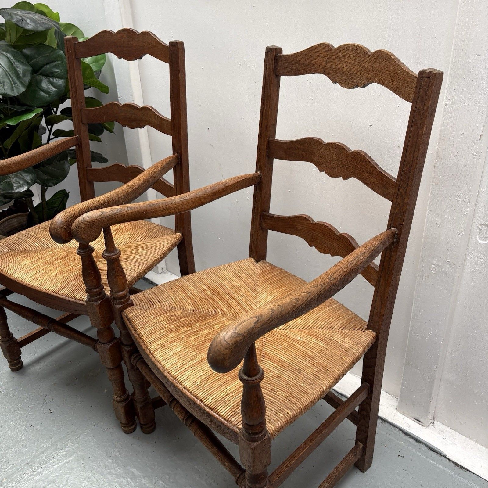 Pair Of Provincial French Country Oak Rush Seat Ladderback Carver Dining Chairs photo Furniture