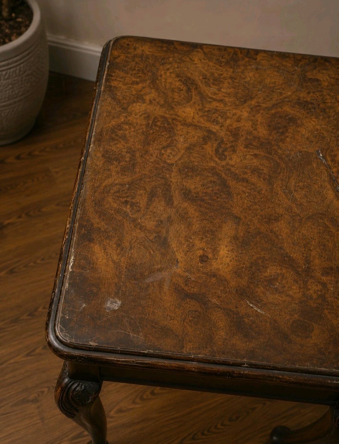 Vintage Burr Walnut Queen Anne Occasional Tables Pair photo vintage