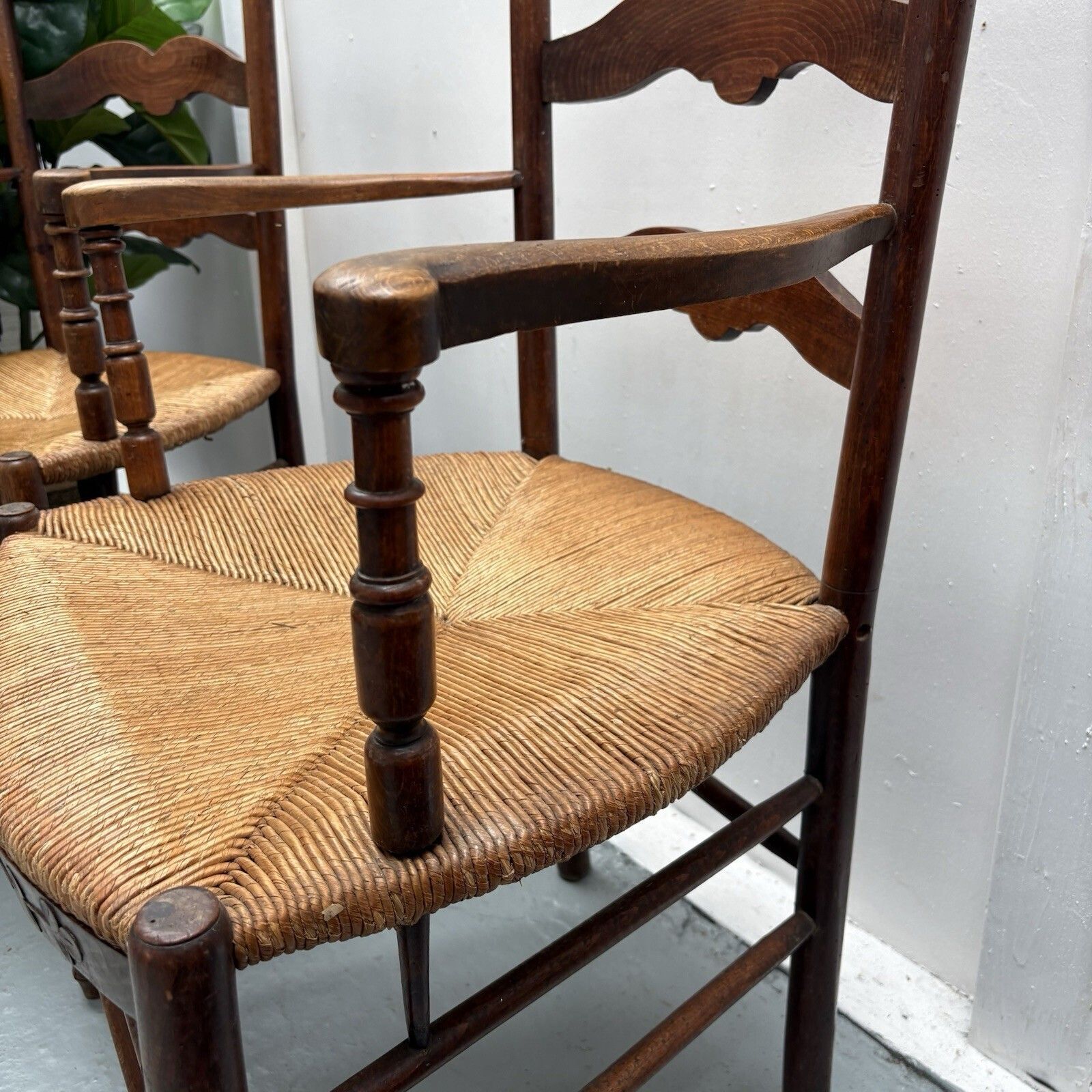 photo furniture Pair Of Provincial French Country Oak Rush Seat Ladderback Carver Dining Chairs