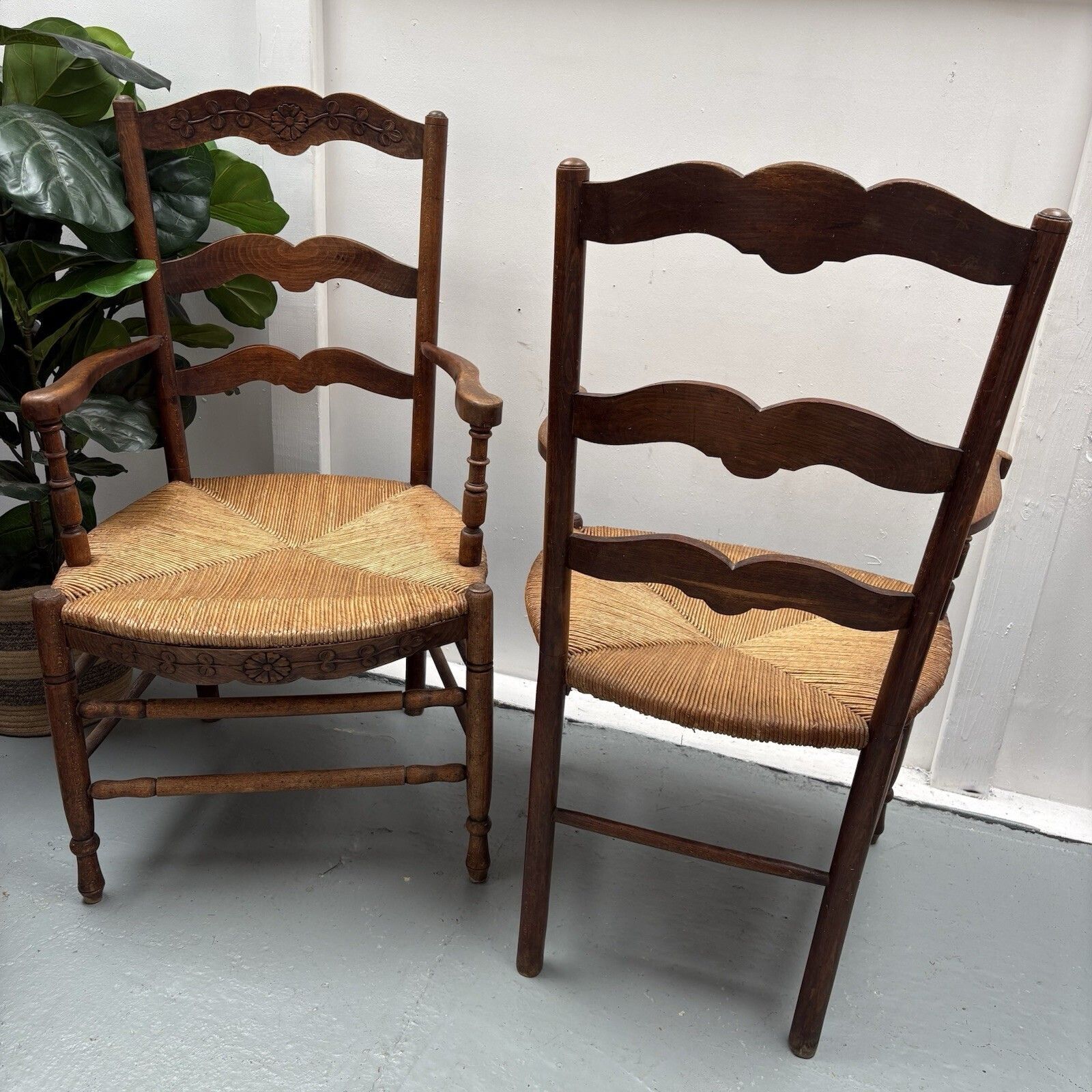 Furniture Pair Of Provincial French Country Oak Rush Seat Ladderback Carver Dining Chairs photo