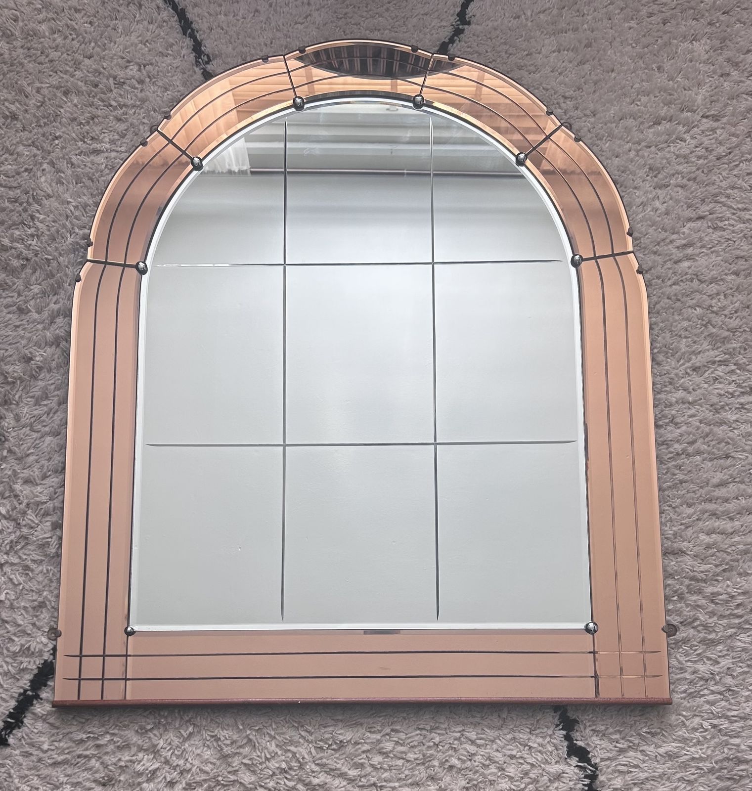 Original 1930s Art Deco Peach Glass Mirror – Bevelled Edge, Chrome Detail, Mint Condition