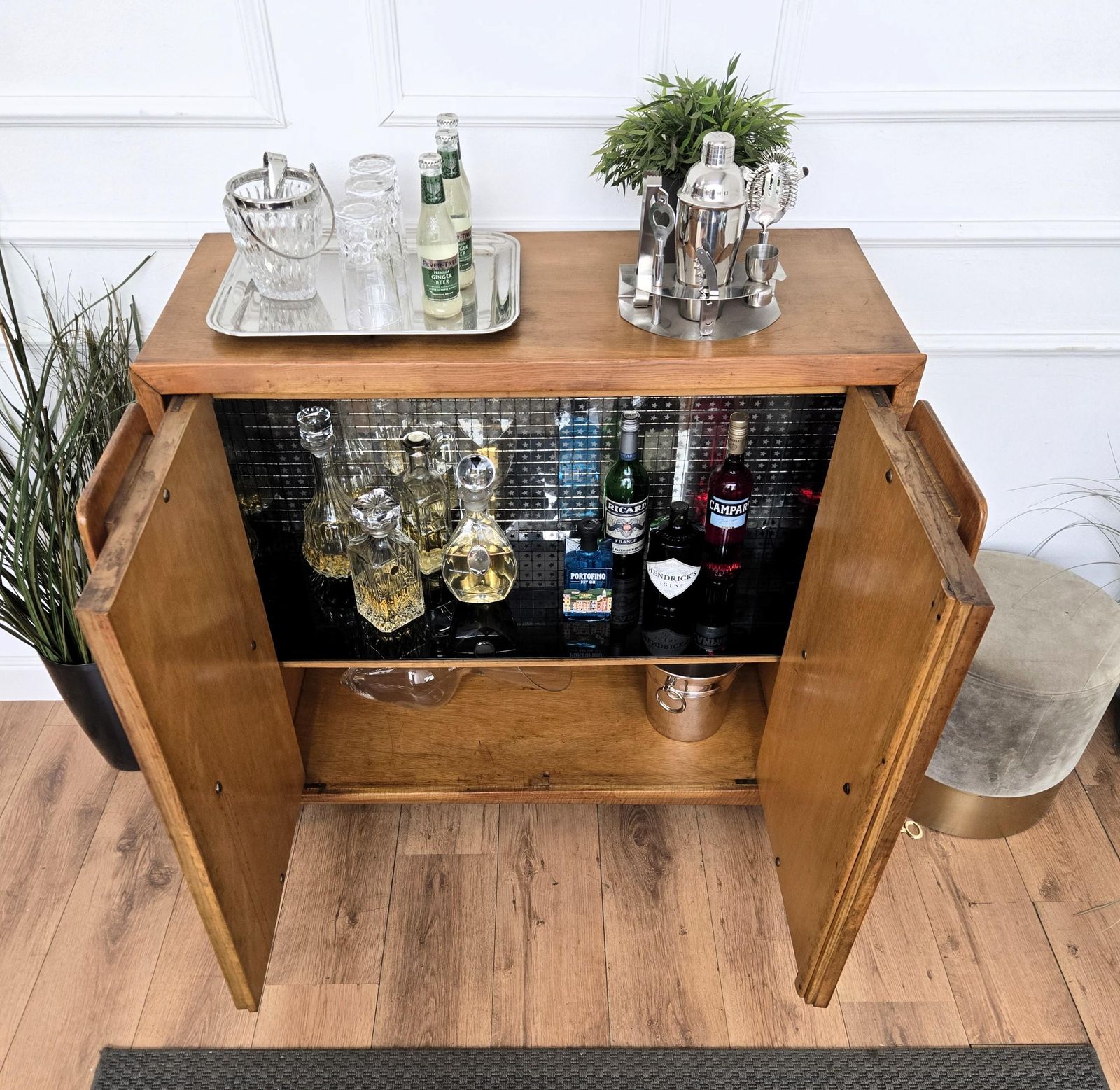 1950s Art Deco Mid Century Italian Walnut Mirror Mosaic Sideboard Bar Cabinet photo Furniture