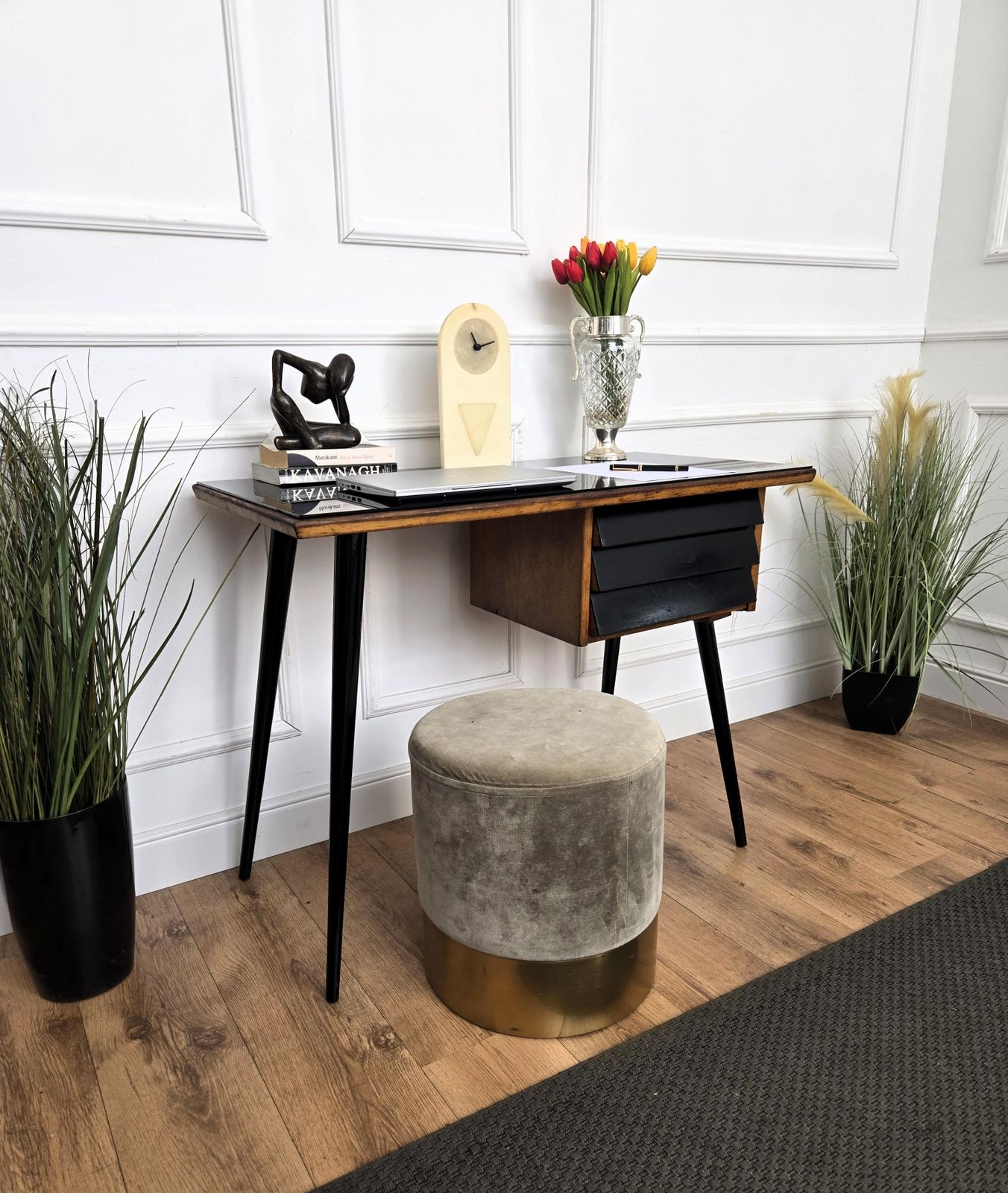 1950s Art Deco Mid Century Italian Walnut Burl Wood Glass Top Writing Desk Table photo furniture