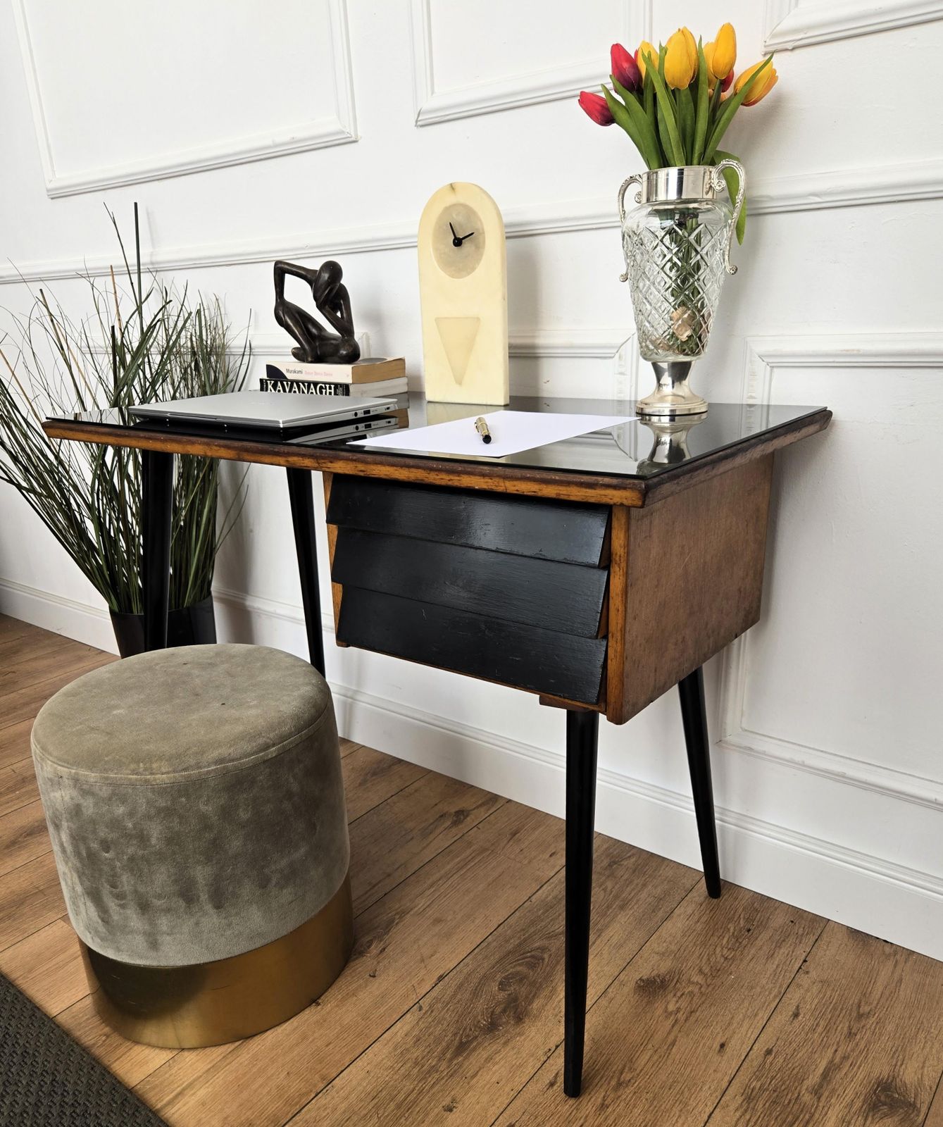 1950s Art Deco Mid Century Italian Walnut Burl Wood Glass Top Writing Desk Table photo for sale