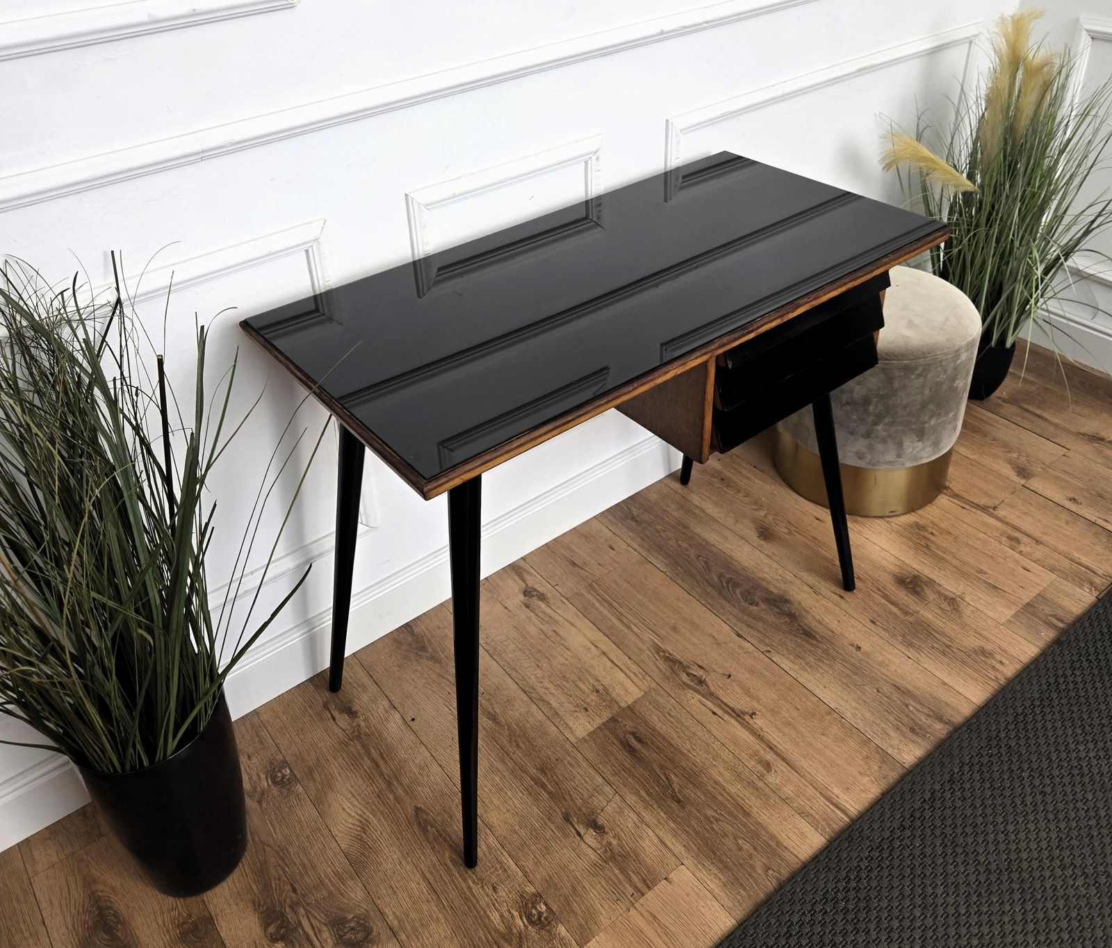 1950s Art Deco Mid Century Italian Walnut Burl Wood Glass Top Writing Desk Table photo vintage