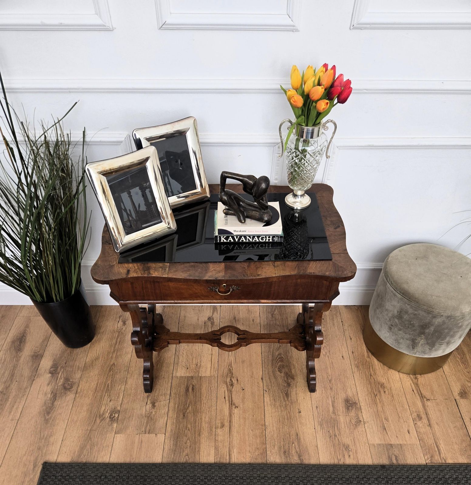 Italian Walnut Burl Wood Deco Baroque Style Lyre Leg Trestle Side Console Table photo 1132.0