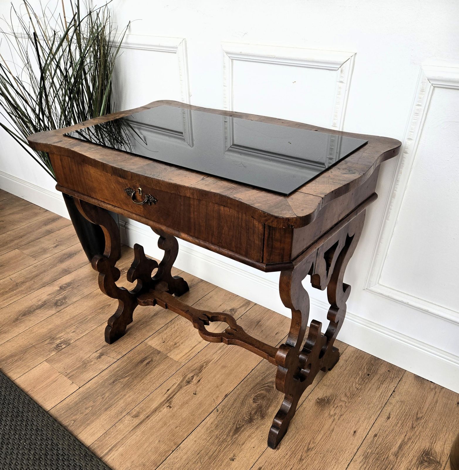 Italian Walnut Burl Wood Deco Baroque Style Lyre Leg Trestle Side Console Table photo vintage