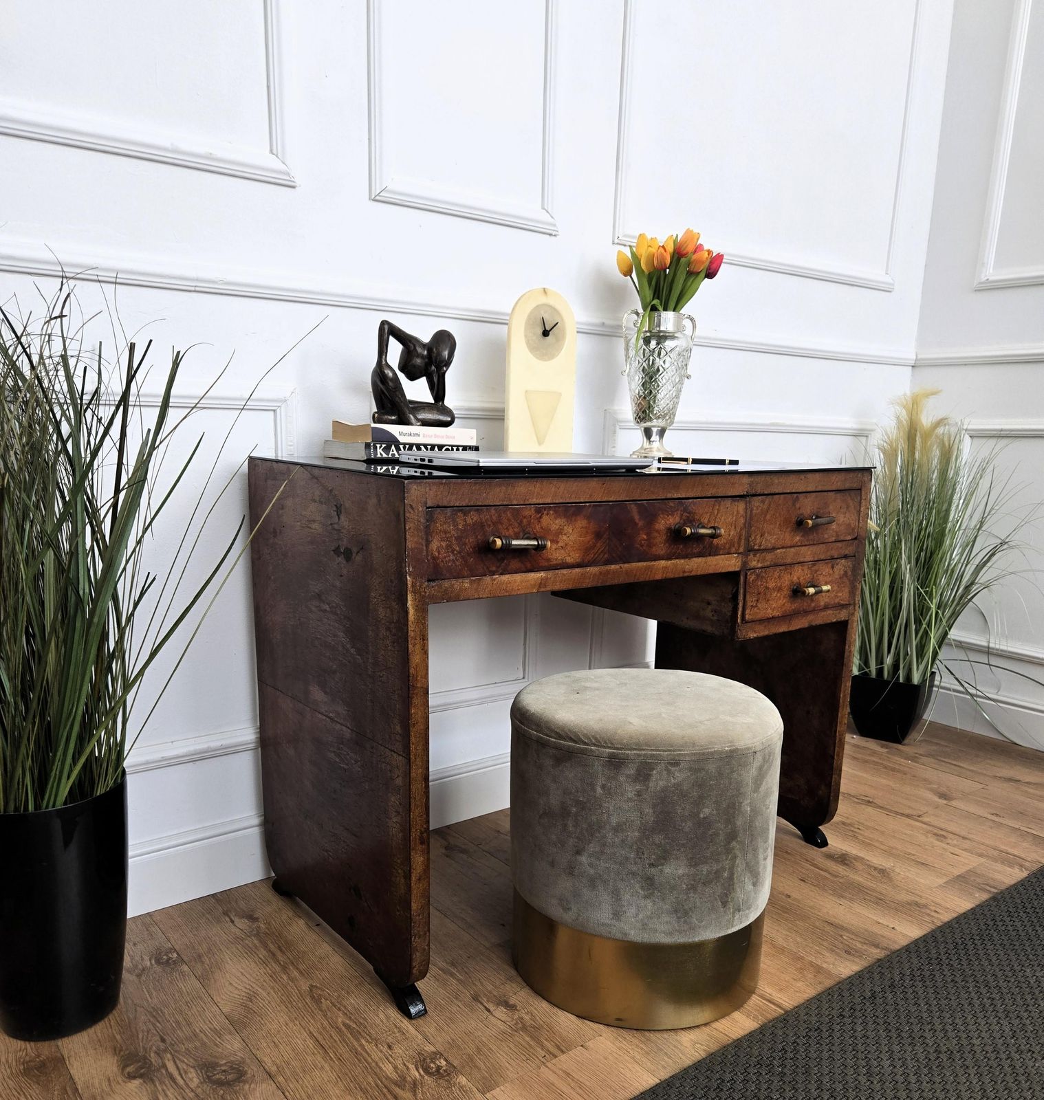 1940s Art Deco Midcentury Italian Walnut Burl Wood Glass Top Writing Desk Table photo furniture