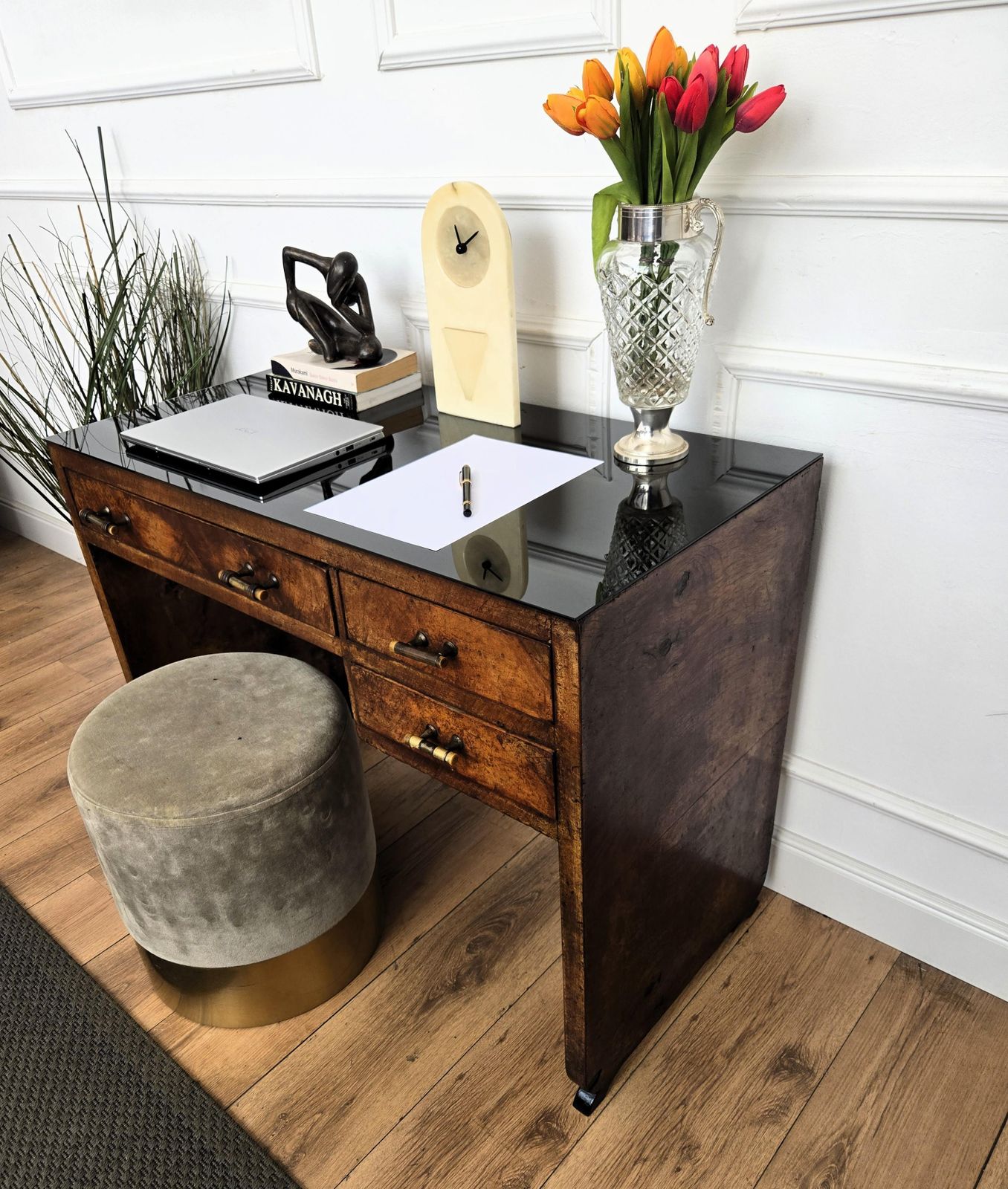 1940s Art Deco Midcentury Italian Walnut Burl Wood Glass Top Writing Desk Table photo vinterior
