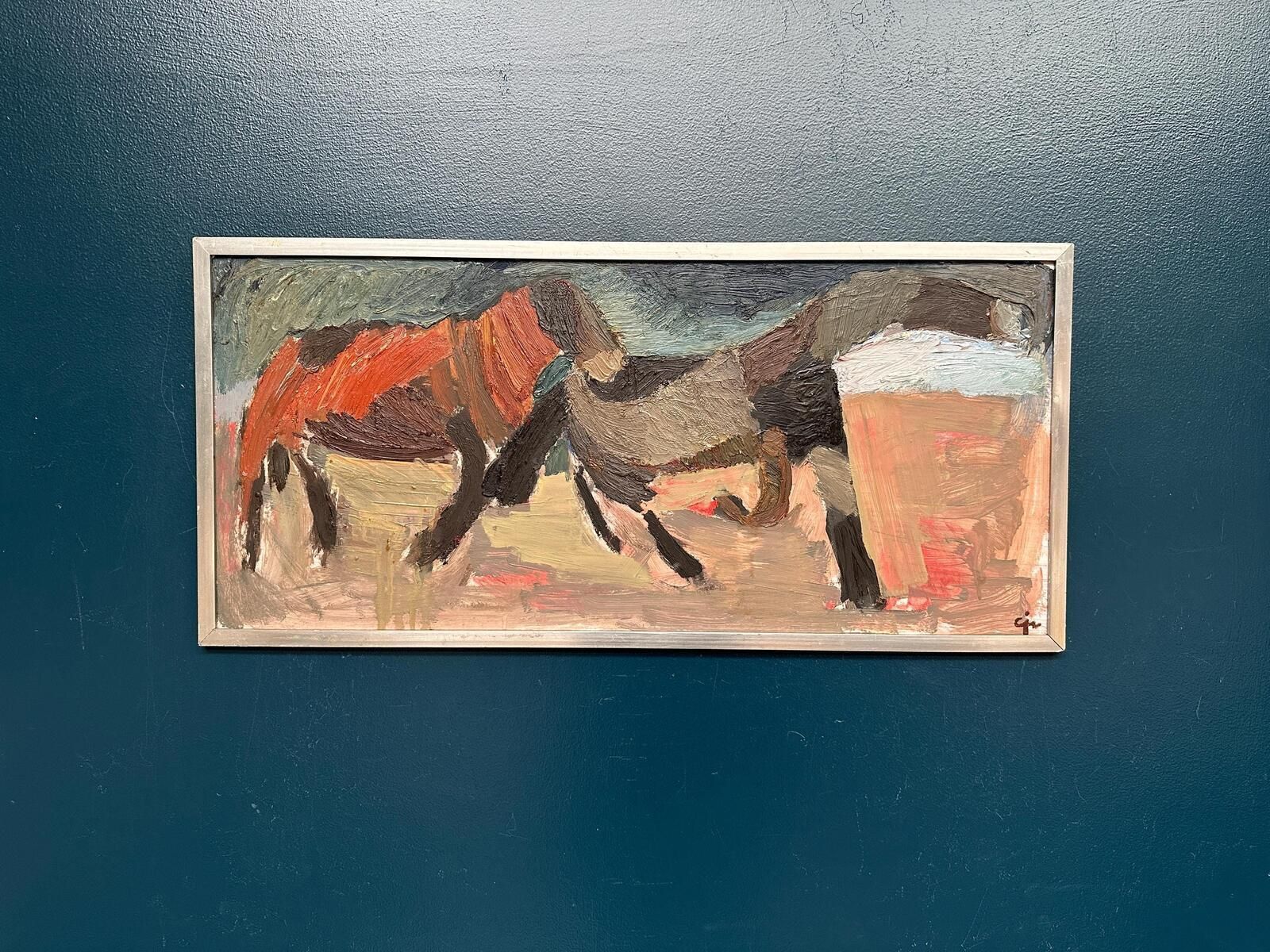 Original Mid Century Swedish Oil On Panel – “Two Horses” By Calle Johansson –  1959 – Vintage & Framed – 35 × 75 Cm (13.8" × 29.5") photo Art
