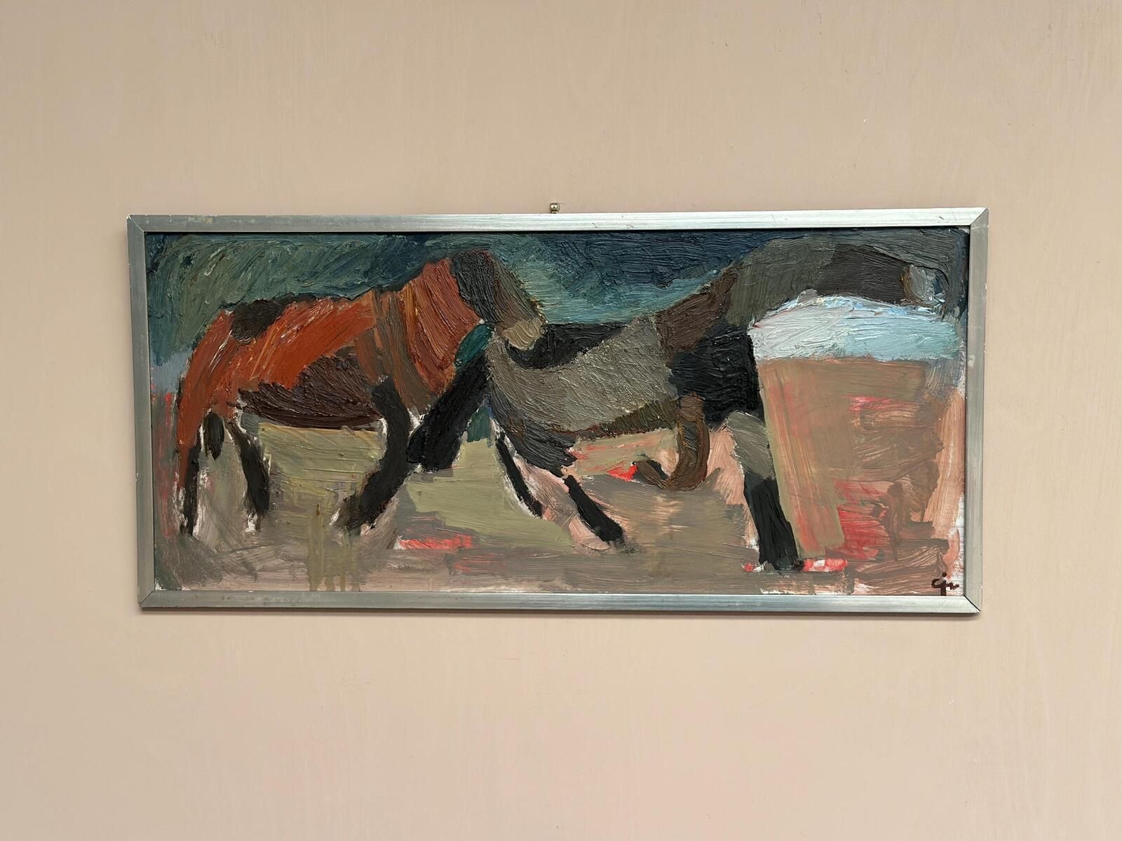 photo vinterior Original Mid Century Swedish Oil On Panel – “Two Horses” By Calle Johansson –  1959 – Vintage & Framed – 35 × 75 Cm (13.8" × 29.5")