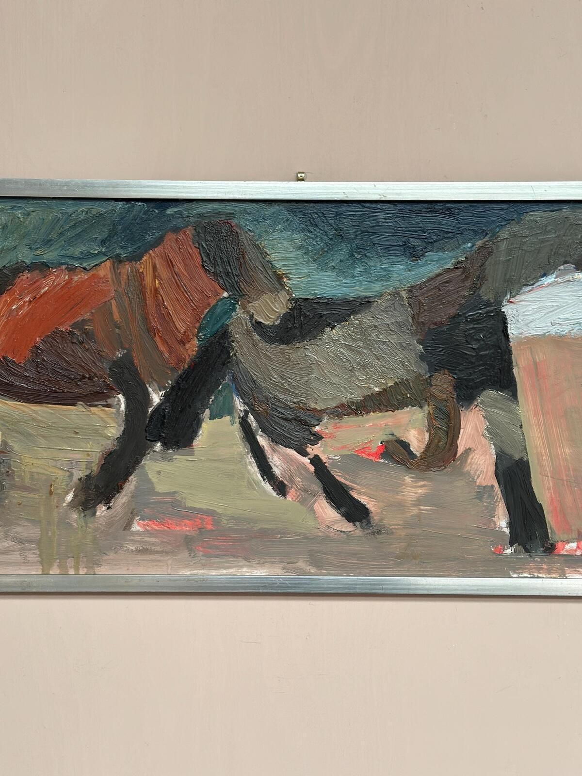 photo buy Original Mid Century Swedish Oil On Panel – “Two Horses” By Calle Johansson –  1959 – Vintage & Framed – 35 × 75 Cm (13.8" × 29.5")
