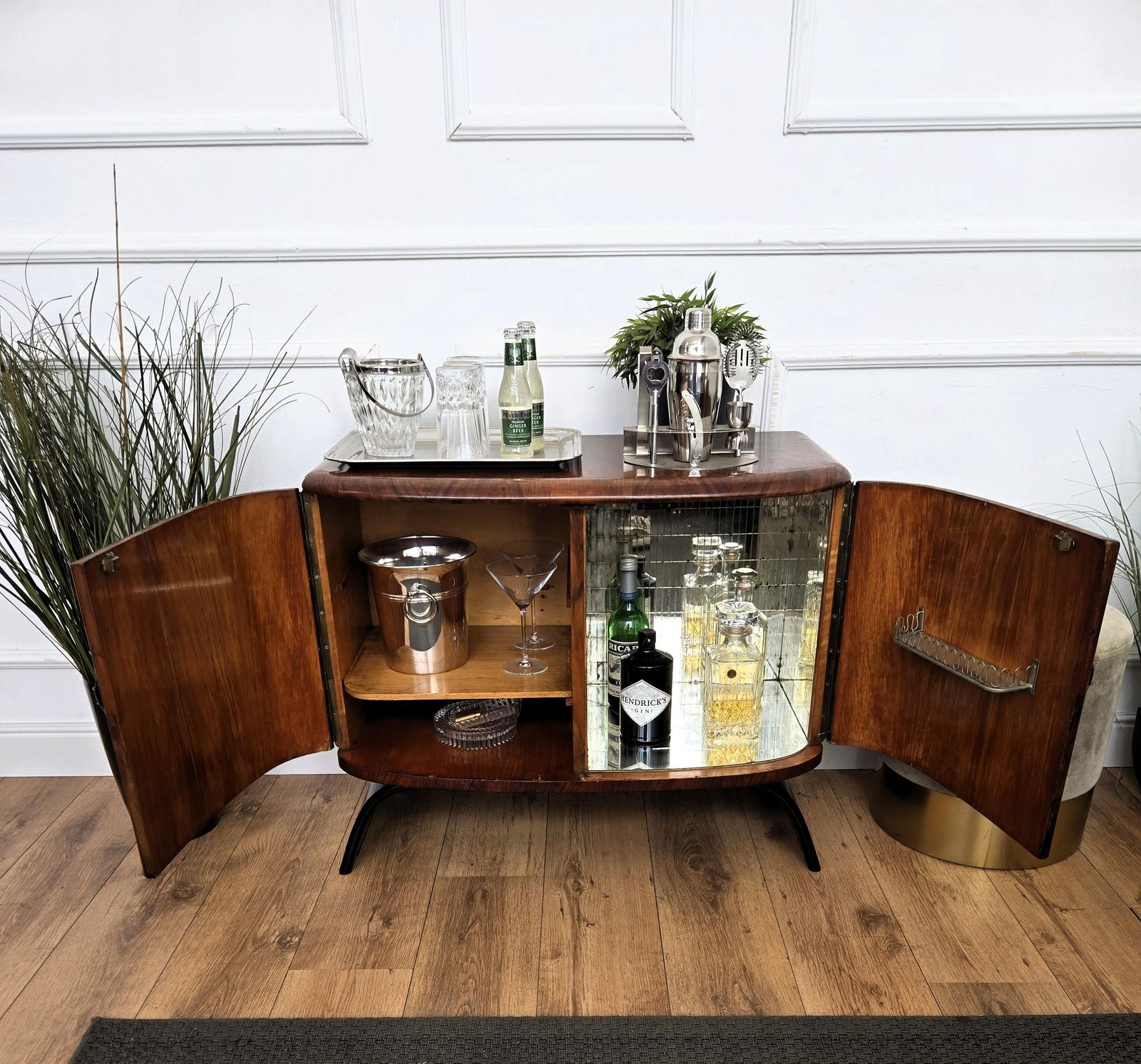 1940s Art Deco Midcentury Italian Walnut Burl And Mirror Mosaic Dry Bar Cabinet photo for sale