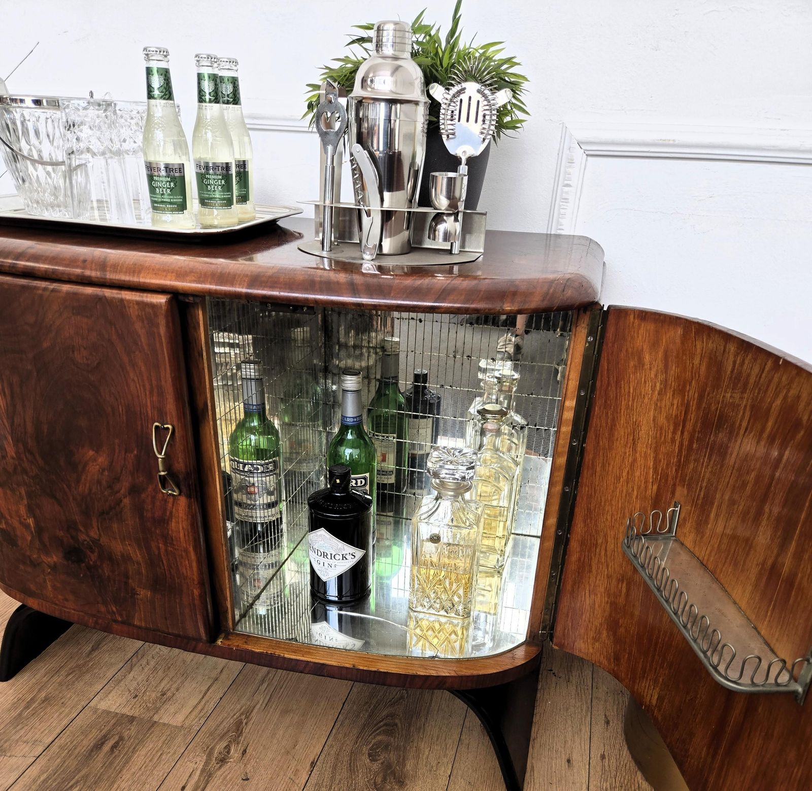 1940s Art Deco Midcentury Italian Walnut Burl And Mirror Mosaic Dry Bar Cabinet photo Furniture
