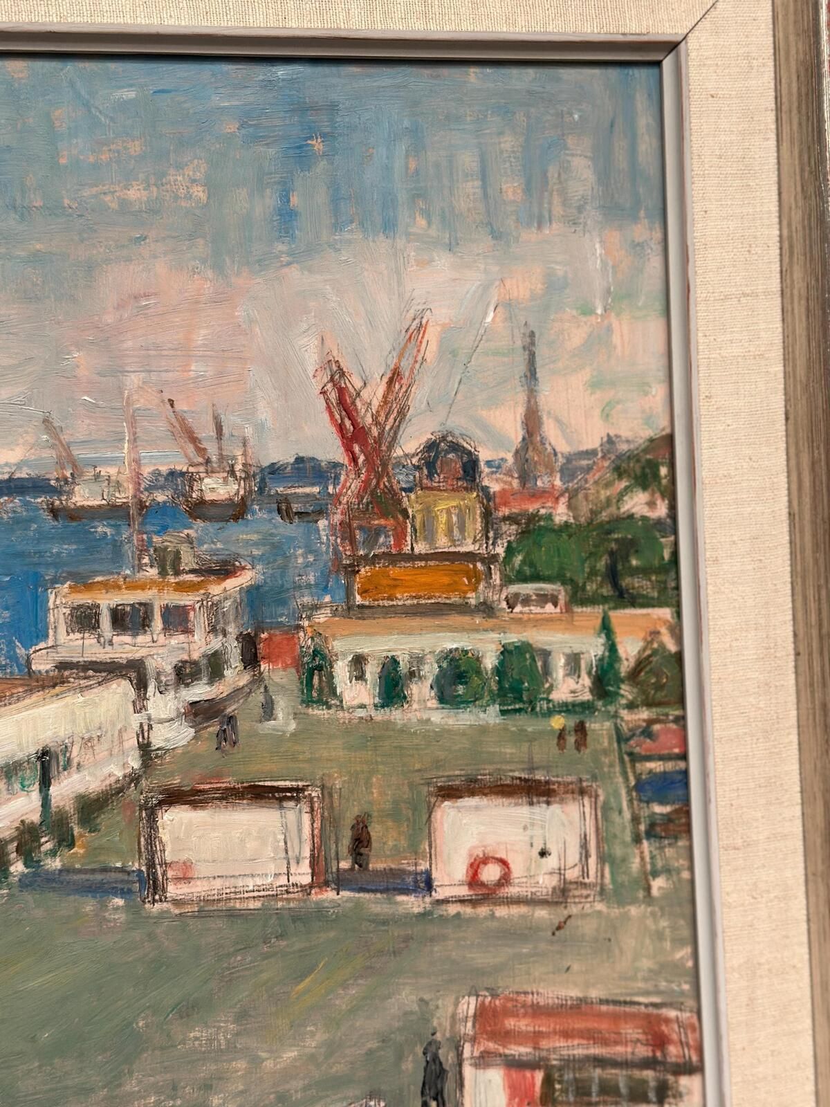 Original Swedish Oil Painting – “Malmö Harbour” By John Hedman – Vintage & Framed – 69.5 × 49.5 Cm (27.4" × 19.5") photo vinterior