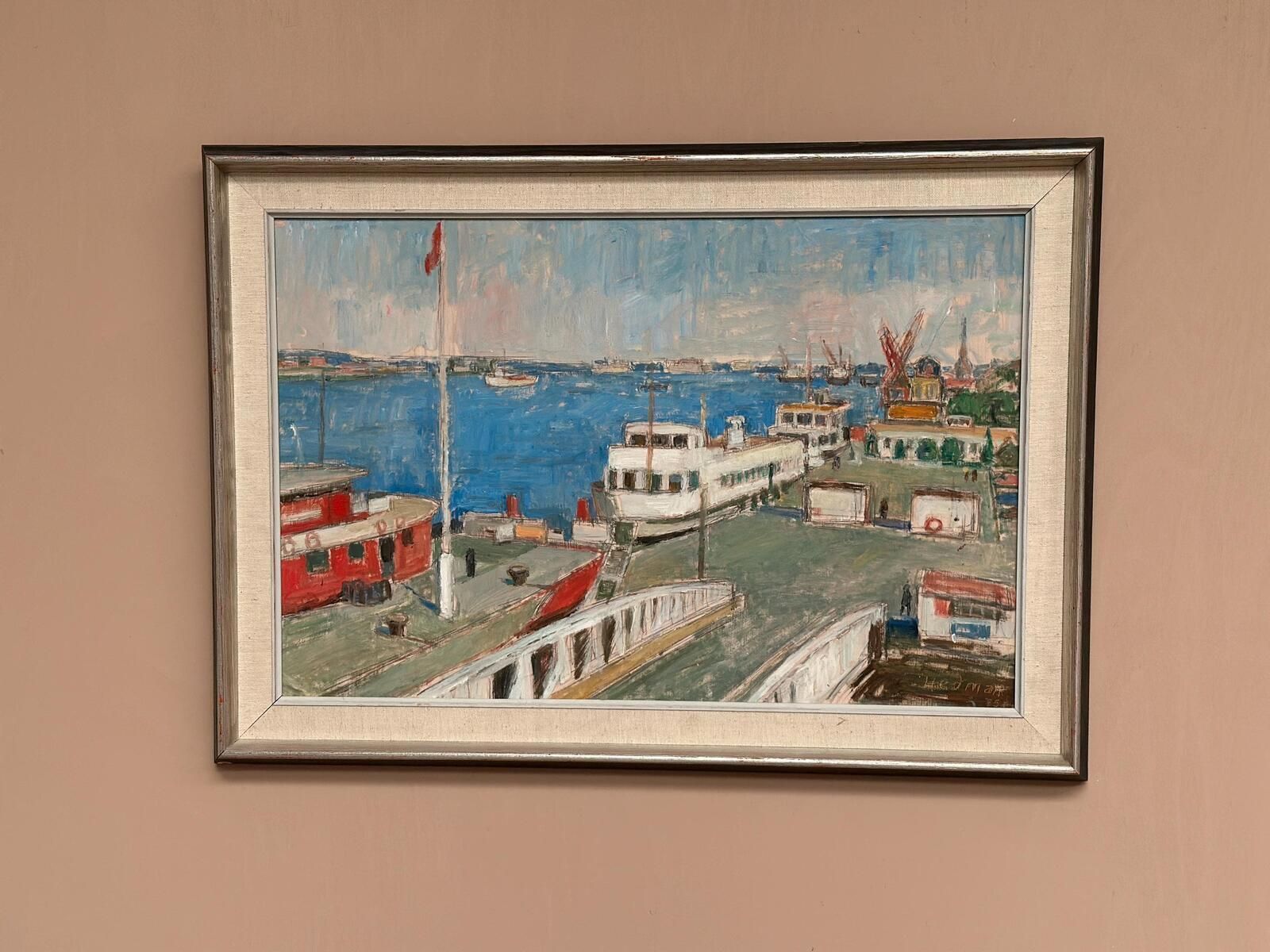 photo furniture Original Swedish Oil Painting – “Malmö Harbour” By John Hedman – Vintage & Framed – 69.5 × 49.5 Cm (27.4" × 19.5")